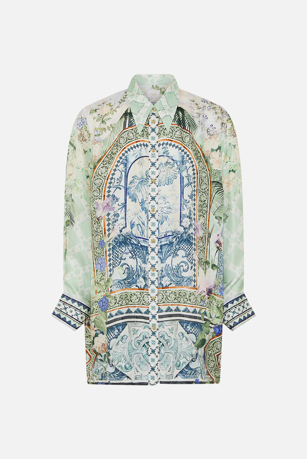 CAMILLA Long Line Shirt with Yoke & Button Detail - Jardim Party - Magpie Style