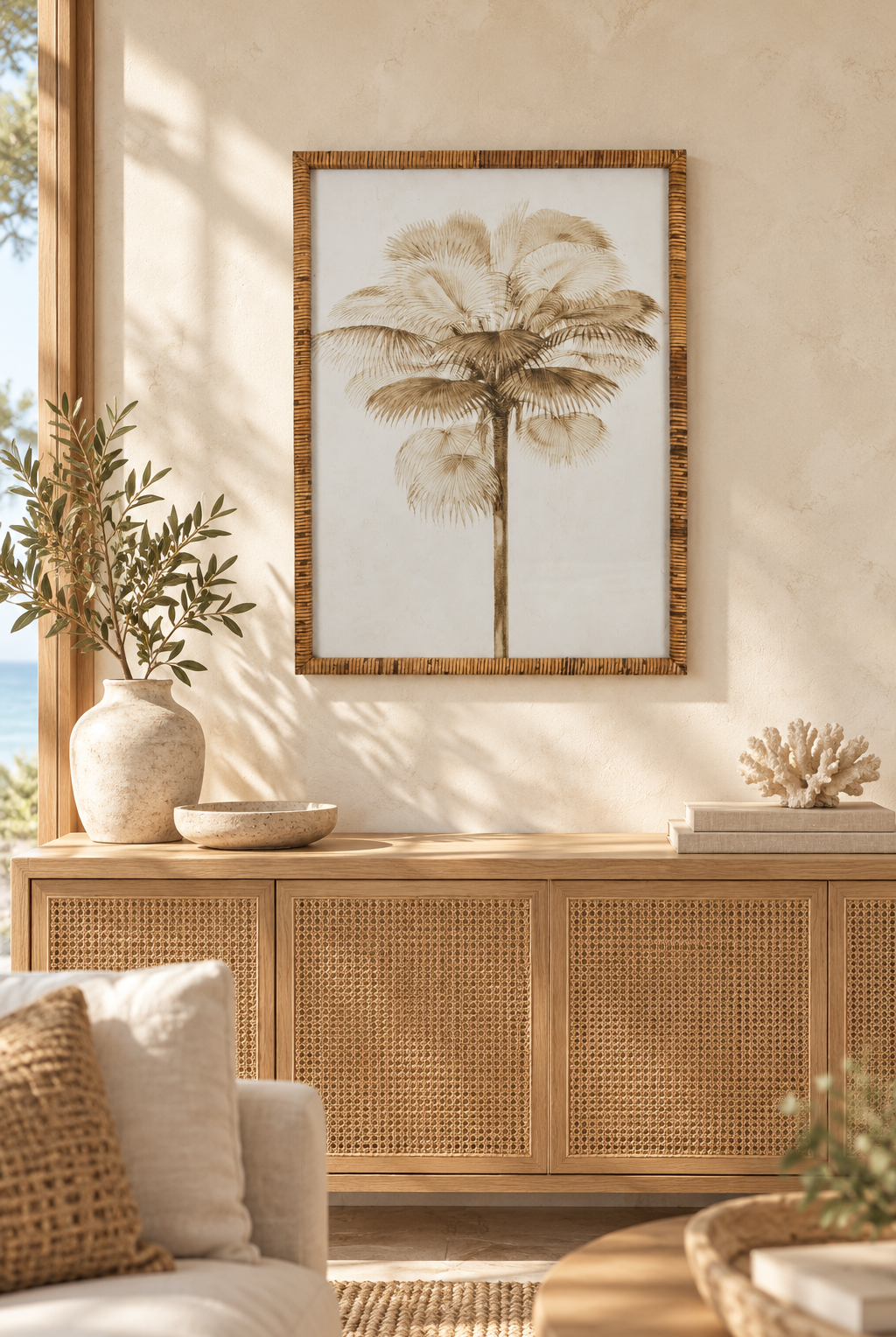 Aged Palm Study styled in a refined coastal interior