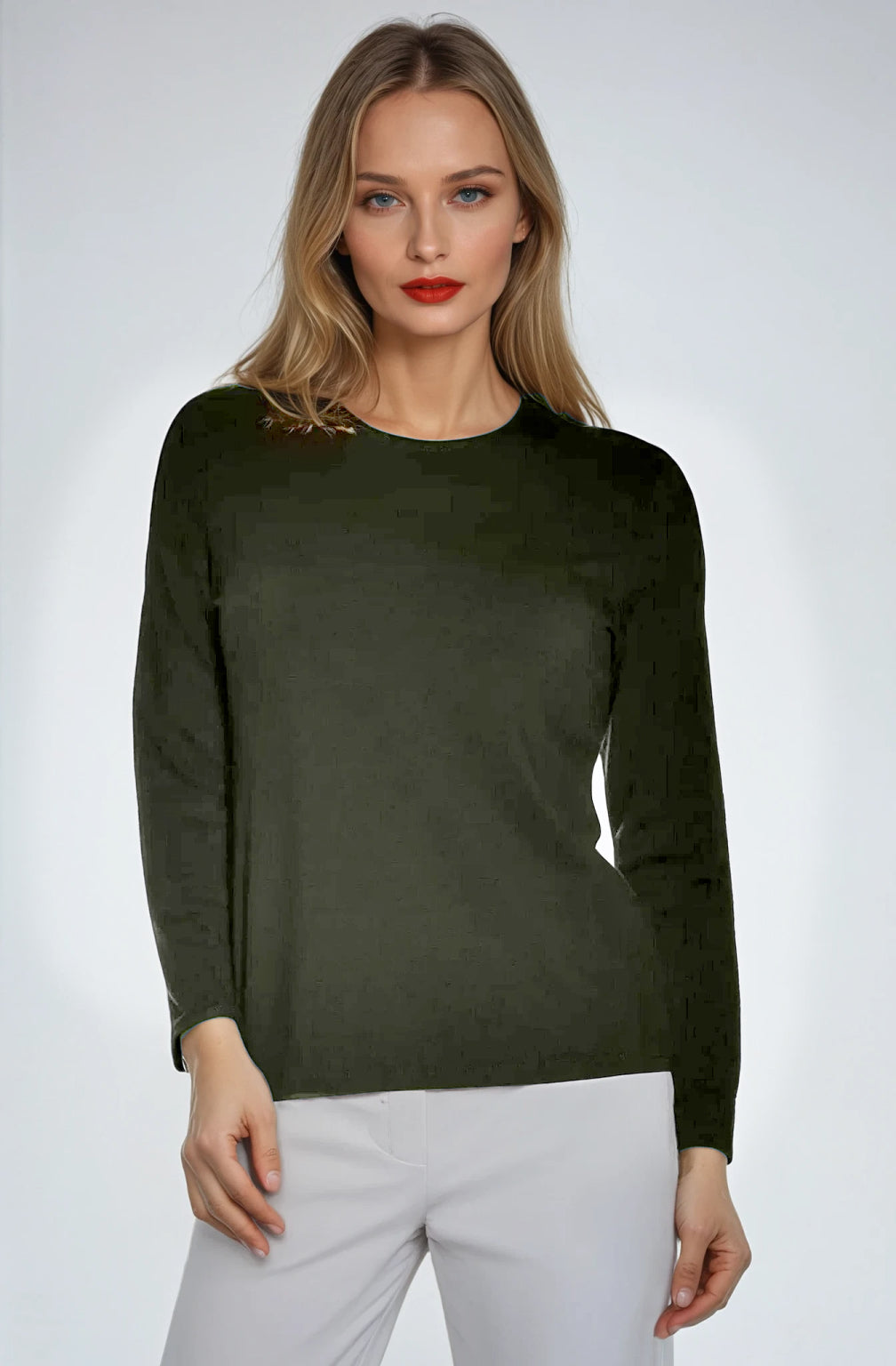 PAULA RYAN Easy Fit Crew Neck Top - Khaki Merino - Paula Ryan