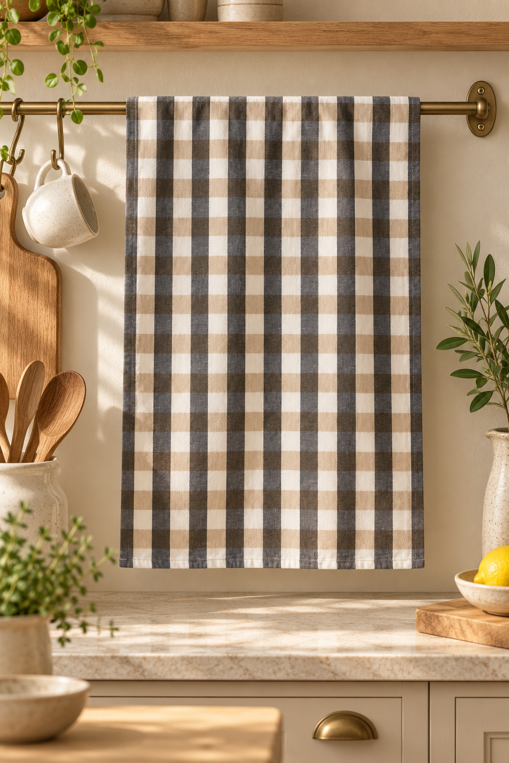 Black and tan checked Kit tea towel styled in a sunlit coastal kitchen