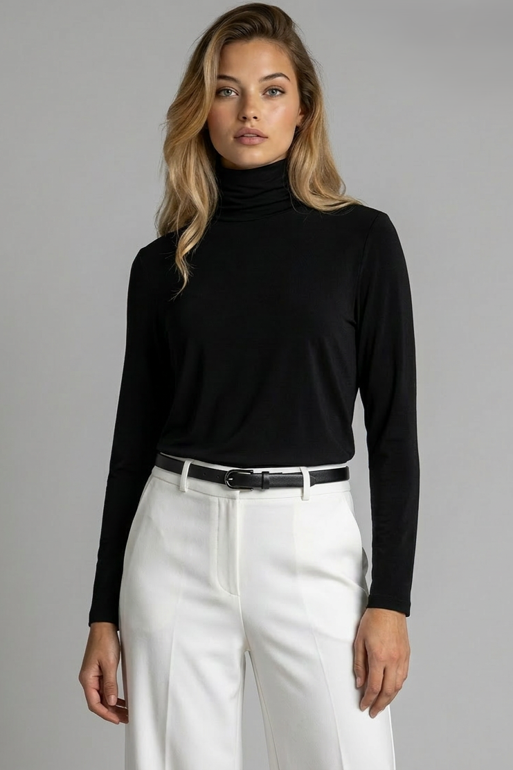 PAULA RYAN Easy Fit Zip Neck Long Sleeve Polo Top - EcoVero Black - Paula Ryan