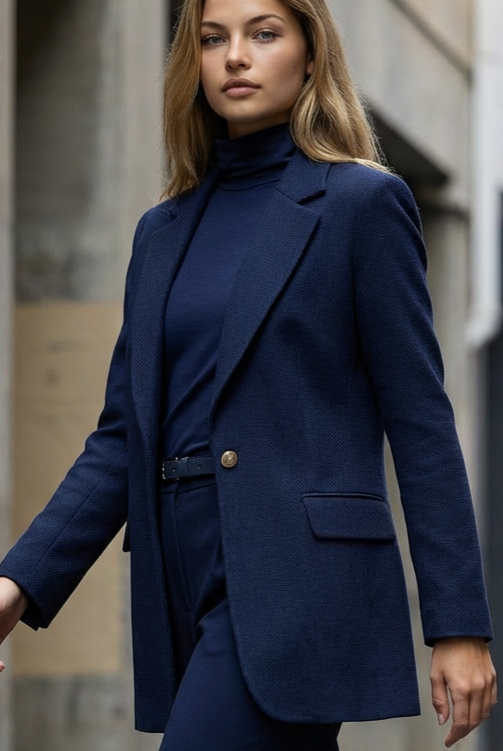 PAULA RYAN Zip Neck Long Sleeve Polo Top - EcoVero Navy - Paula Ryan