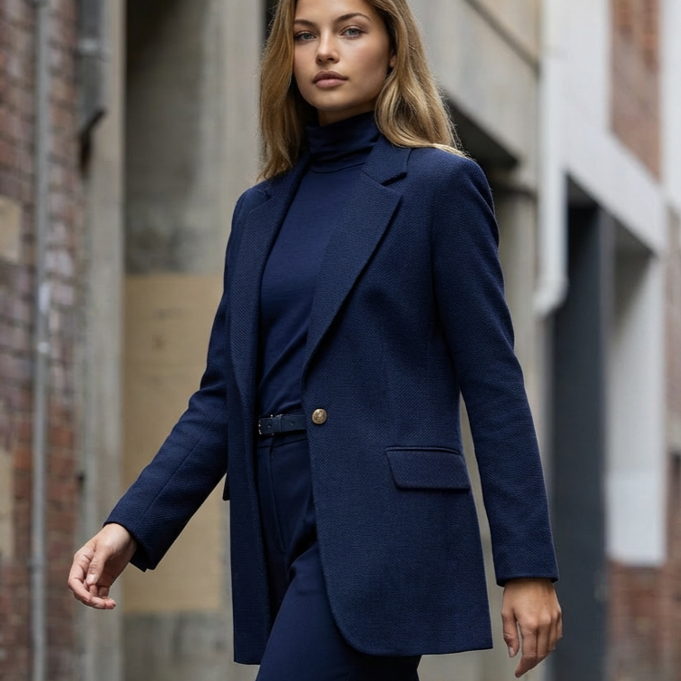 PAULA RYAN Zip Neck Long Sleeve Polo Top - EcoVero Navy - Paula Ryan