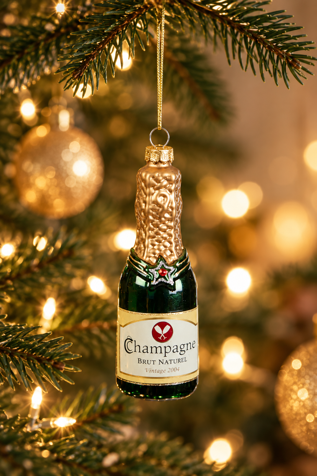 Champagne Bottle Glass Bauble - Green styled in a warm festive home; Coast to Coast XX10834