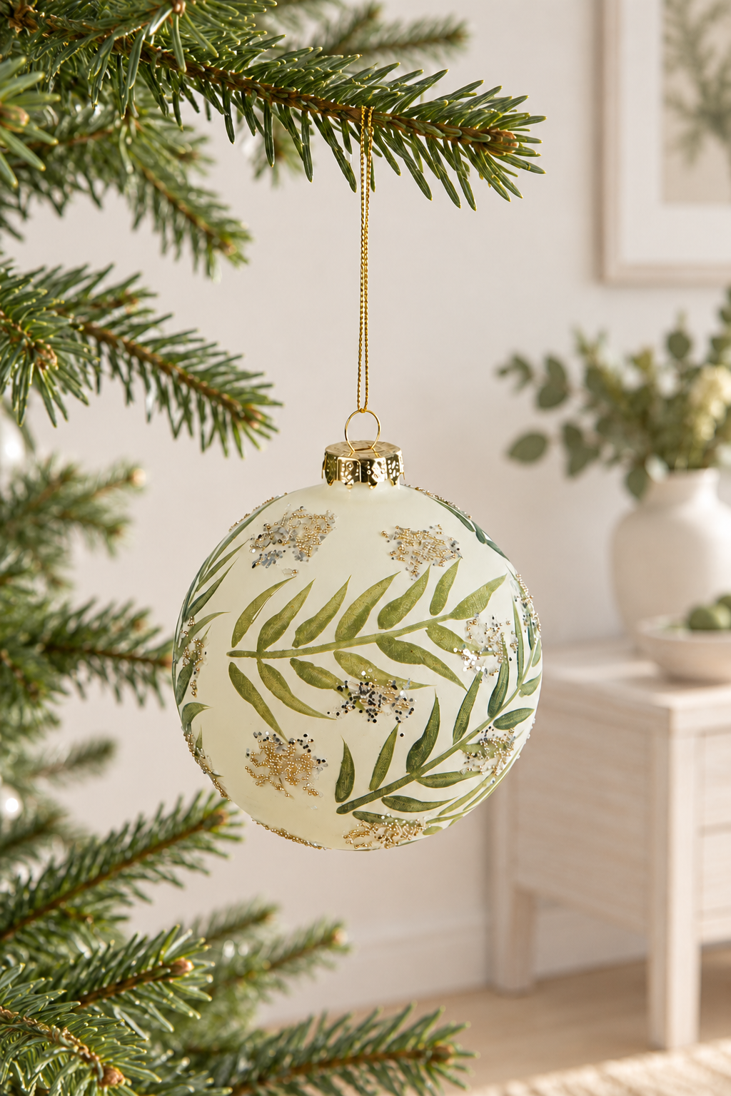 Glass Bauble - Green styled indoors with pale whitewashed furniture and summer light; Coast to Coast XX10865GREEN