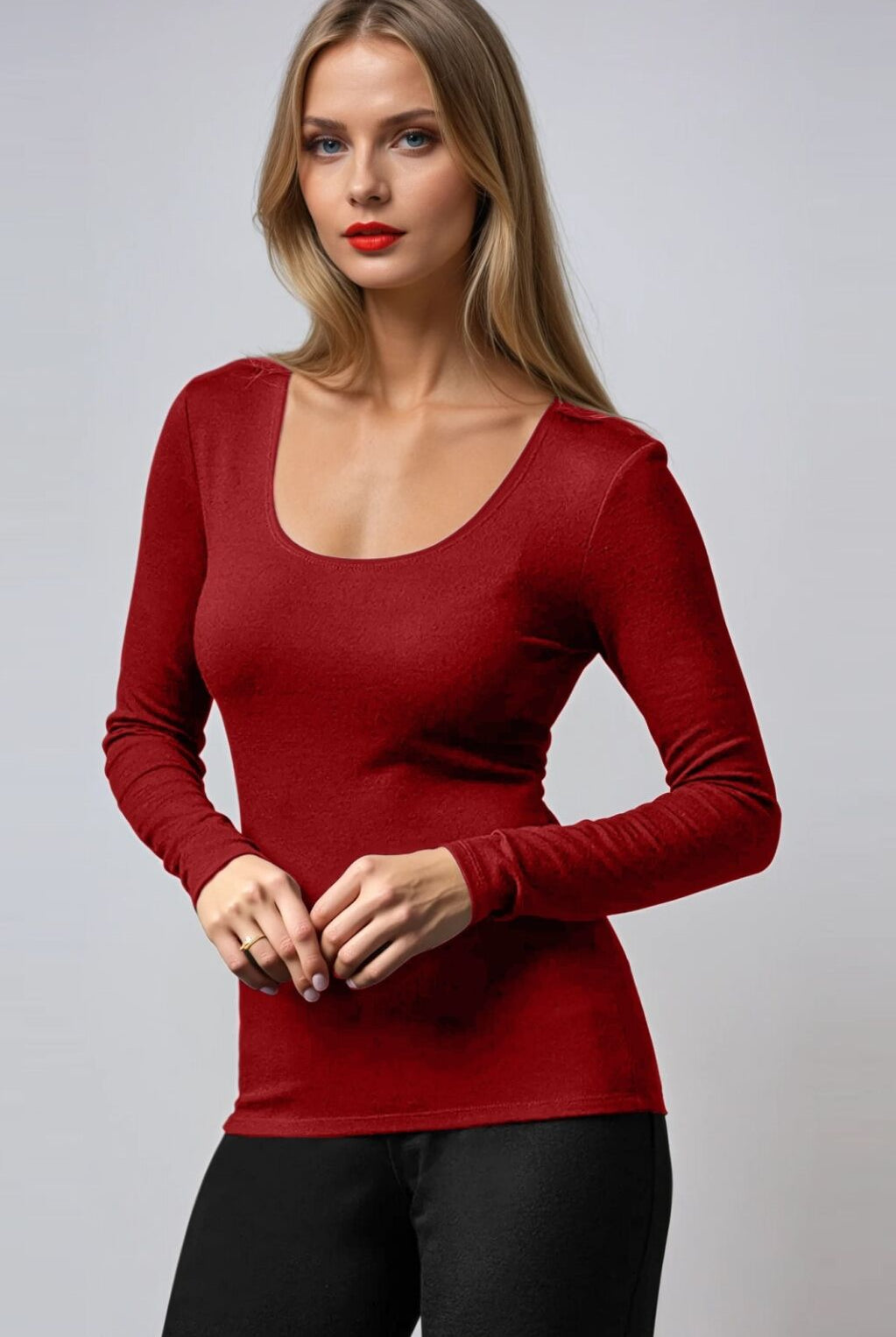 PAULA RYAN Slim Fit Scoop Neck Top - Merino Red - Paula Ryan