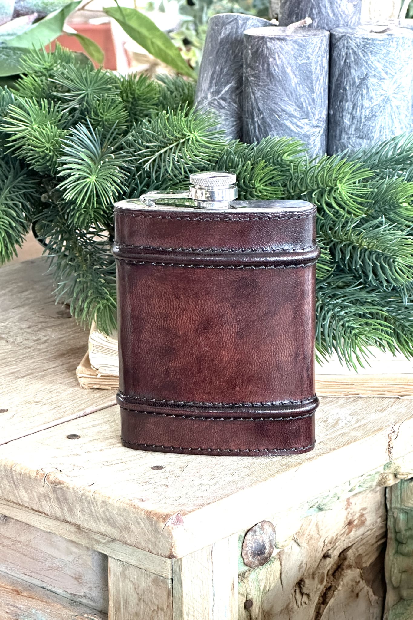 Leather and Stainless Steel Hip Flask with Ridges - Chocolate - Magpie Style
