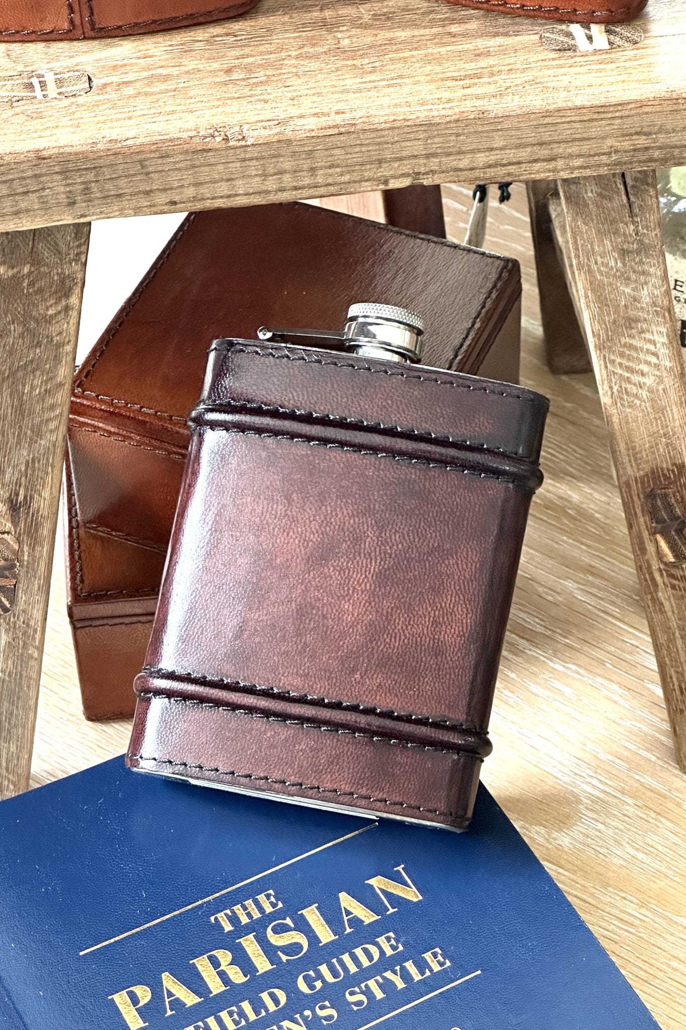 Leather and Stainless Steel Hip Flask with Ridges - Chocolate - Magpie Style