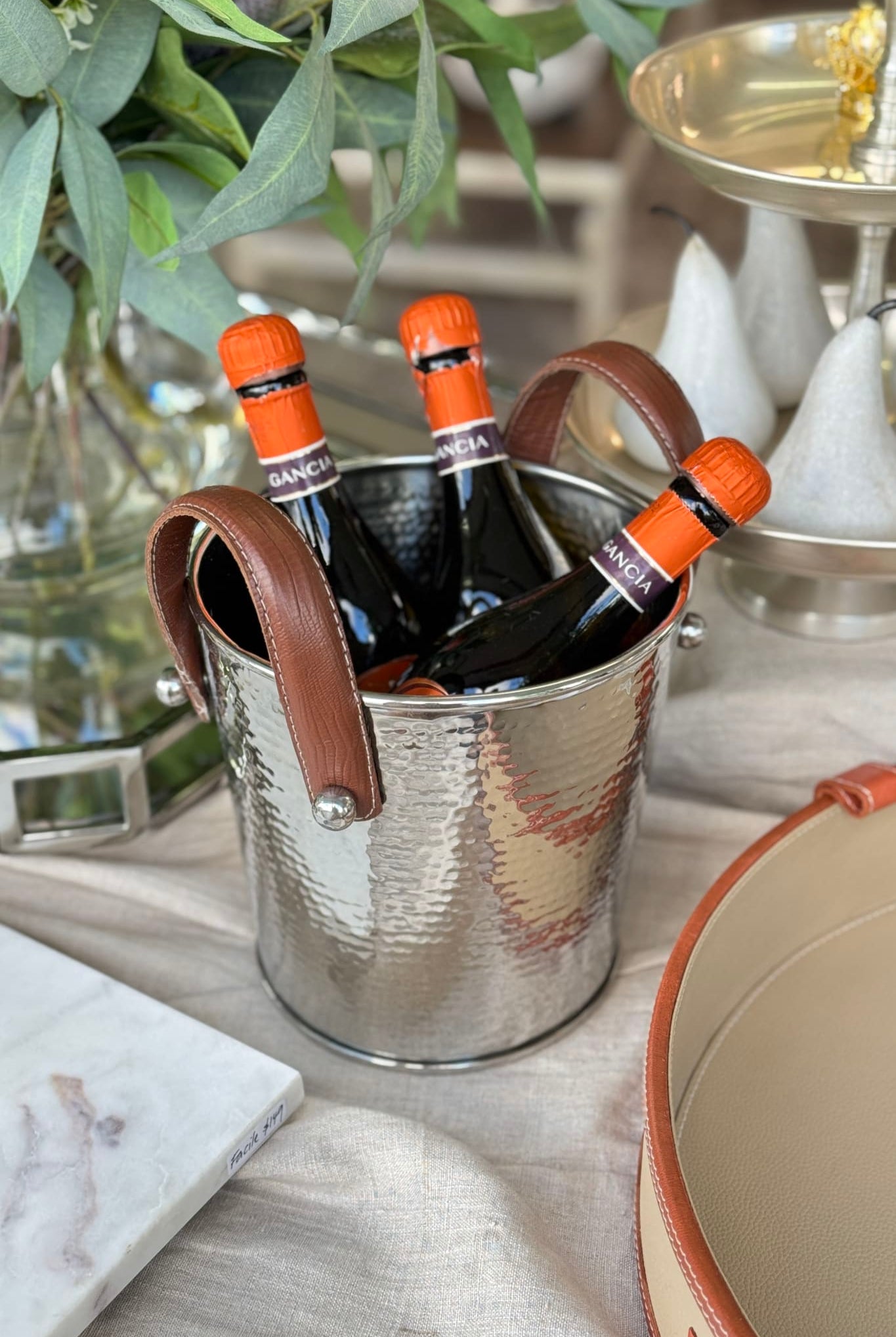 Hammered Bucket with Leather Handle - Magpie Style