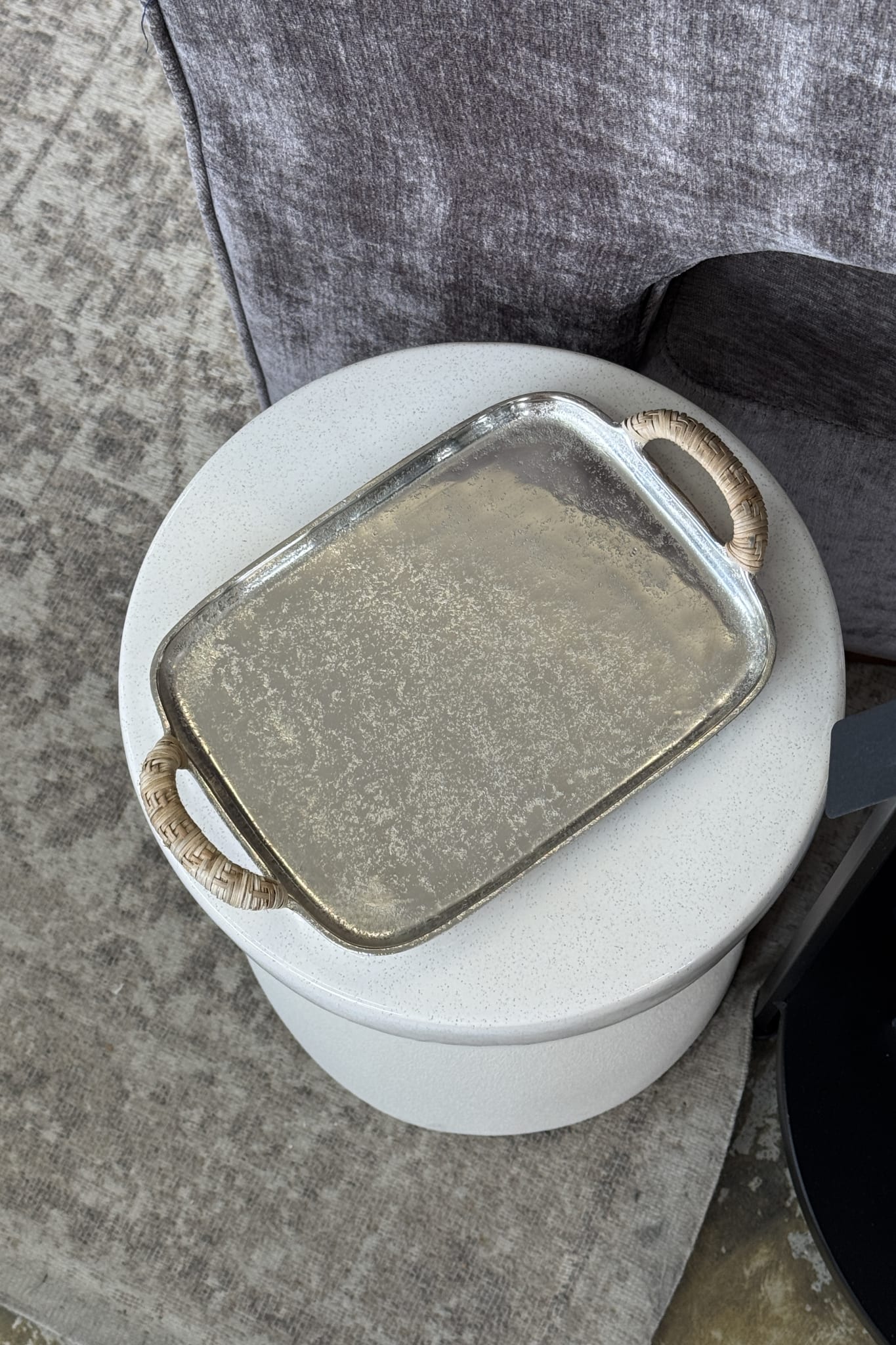 Nickel Plated Aluminium Tray with Natural Rattan Handles - Magpie Style