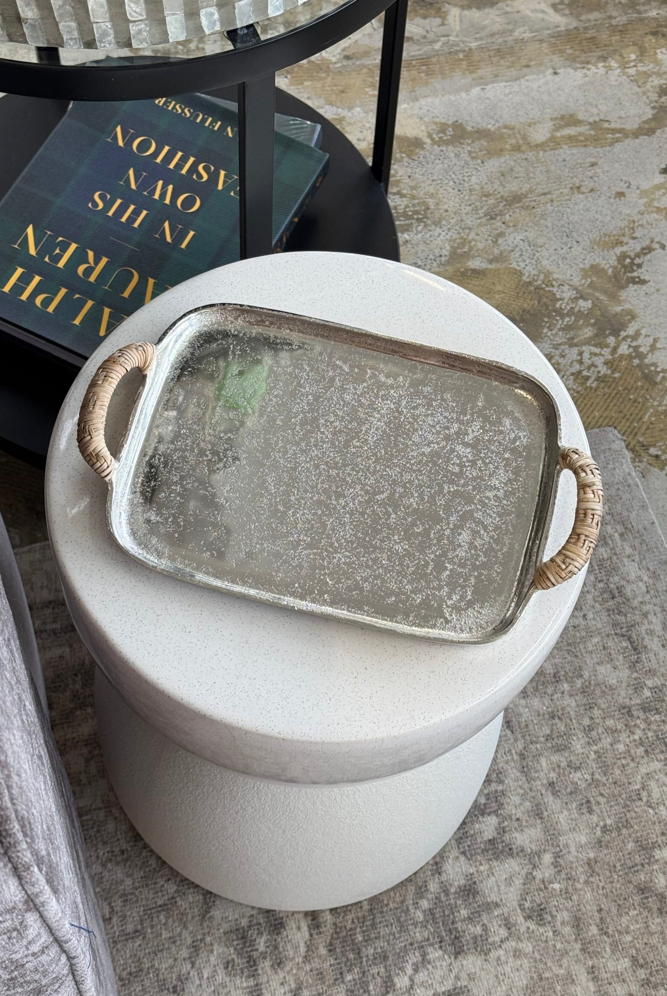 Nickel Plated Aluminium Tray with Natural Rattan Handles - Magpie Style