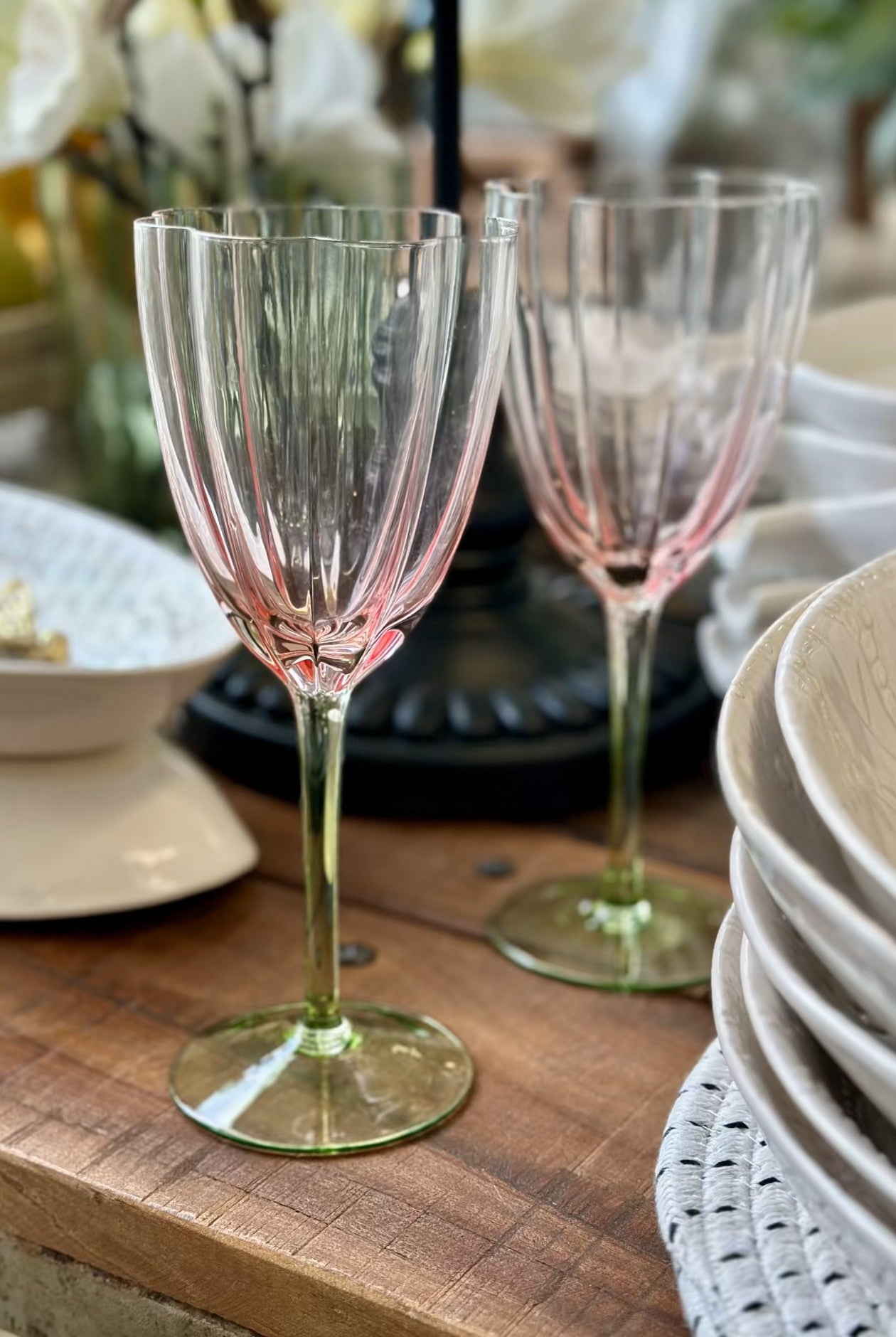 Tulip Wine Glasses Set/2 Pink/Green - Magpie Style