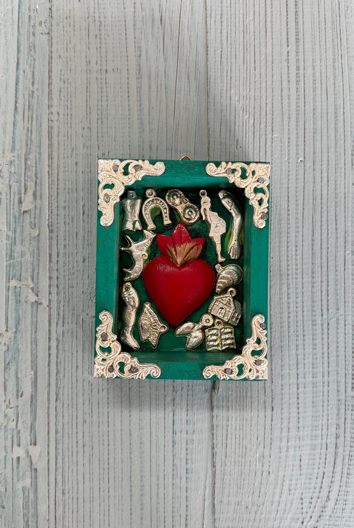 Framed Turquoise Heart with Milagros - Magpie Style
