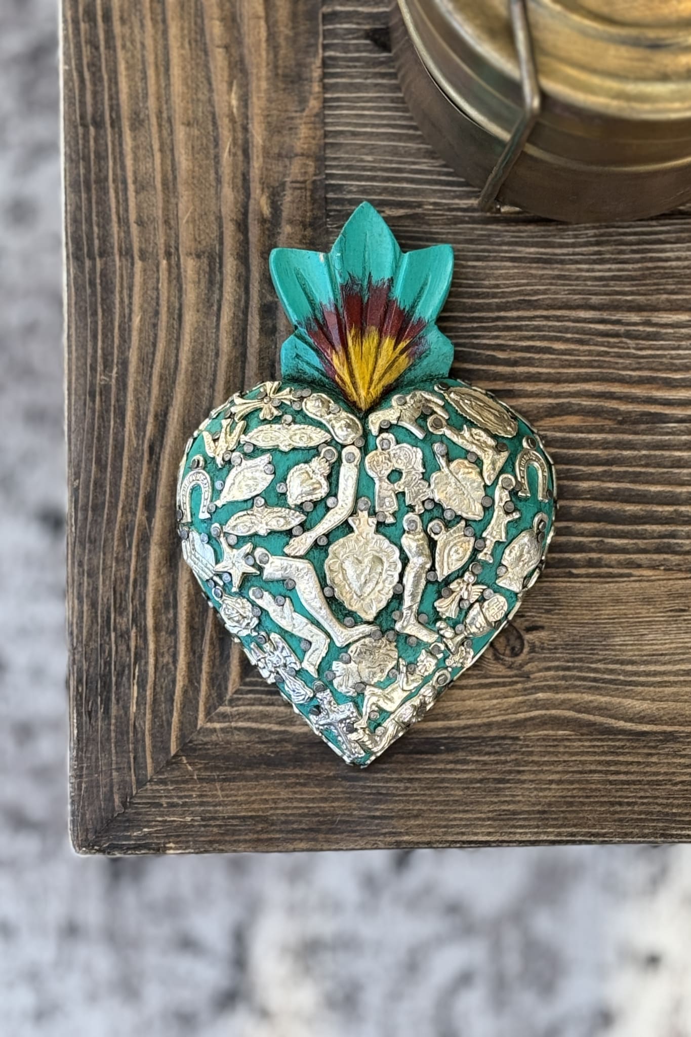 Medium Turquoise Heart with Milagros - Magpie Style