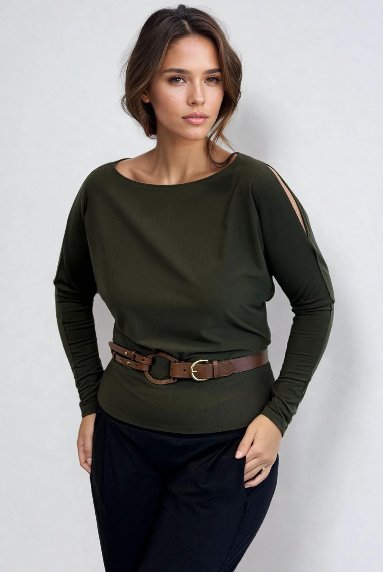 PAULA RYAN Cold Shoulder Batwing Top Merino - Khaki - Paula Ryan