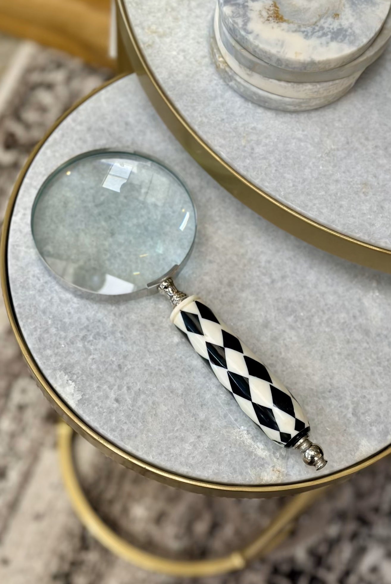 Brass Aluminium Magnifier with Black and White Handle - Magpie Style