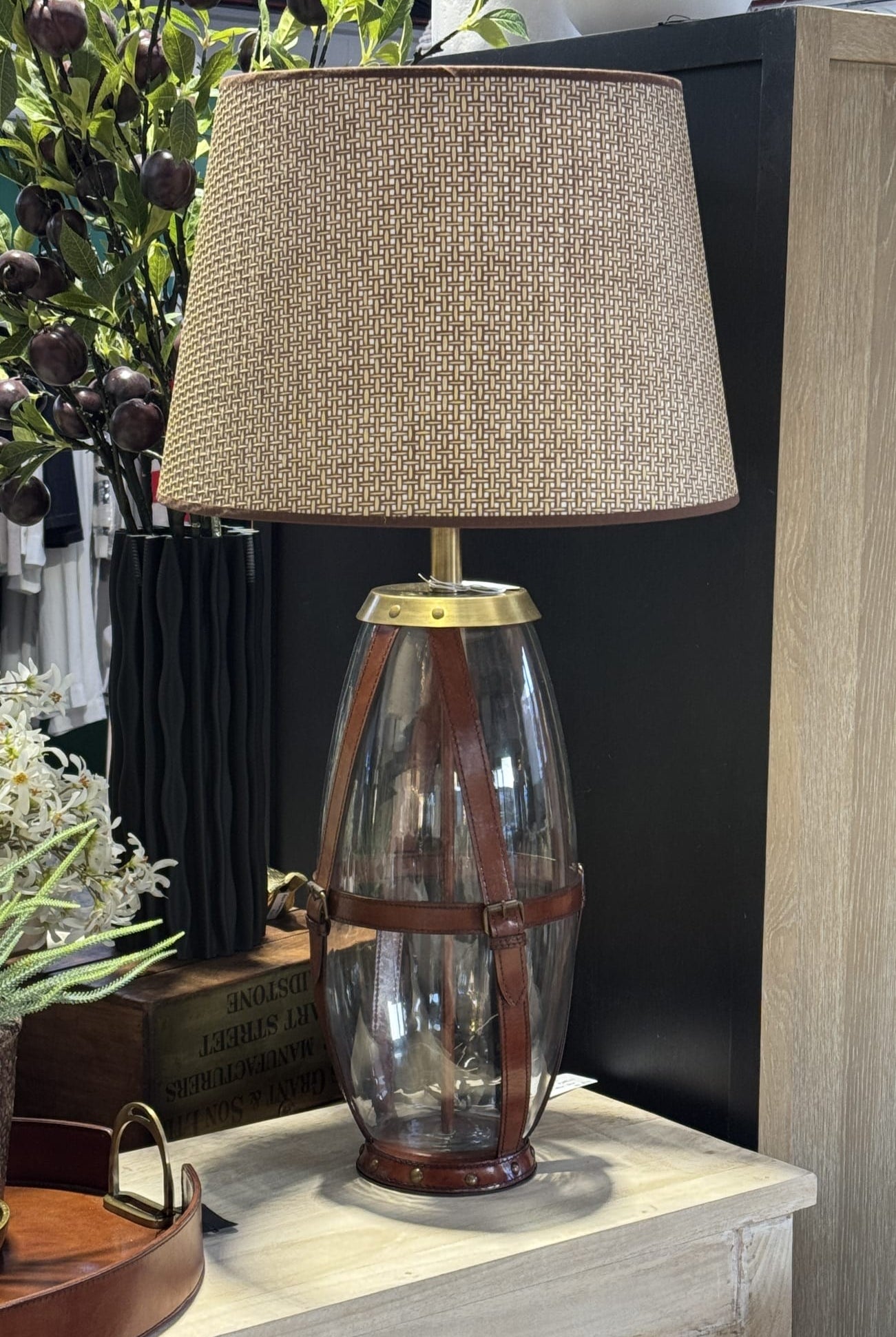 Hertfordshire Glass Lamp with Tan Leather Straps - Magpie Style
