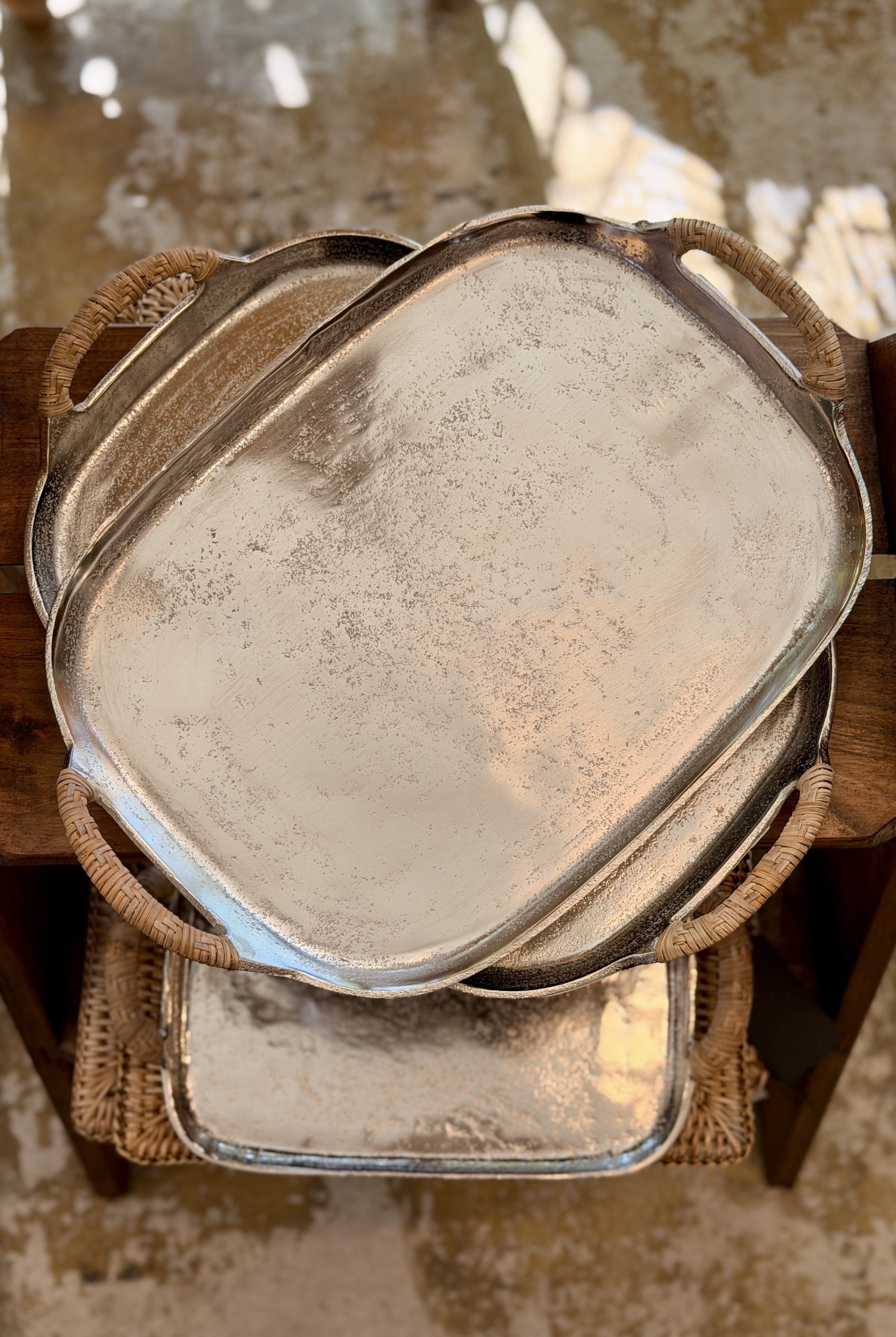 Nickel Plated Aluminium Tray with Natural Rattan Handles - Large - Magpie Style