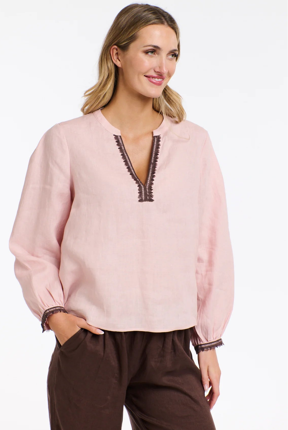 365 DAYS Anika Embroidered Linen Top - Dusty Pink/Choc - Magpie Style