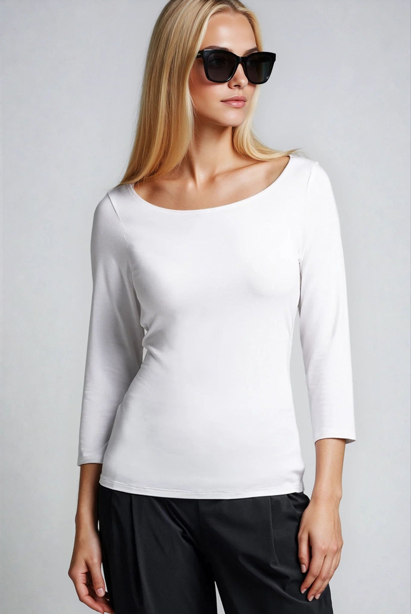 PAULA RYAN Slim Fit 3/4 Sleeve Wide Neck Top - Eco Vero White - Paula Ryan