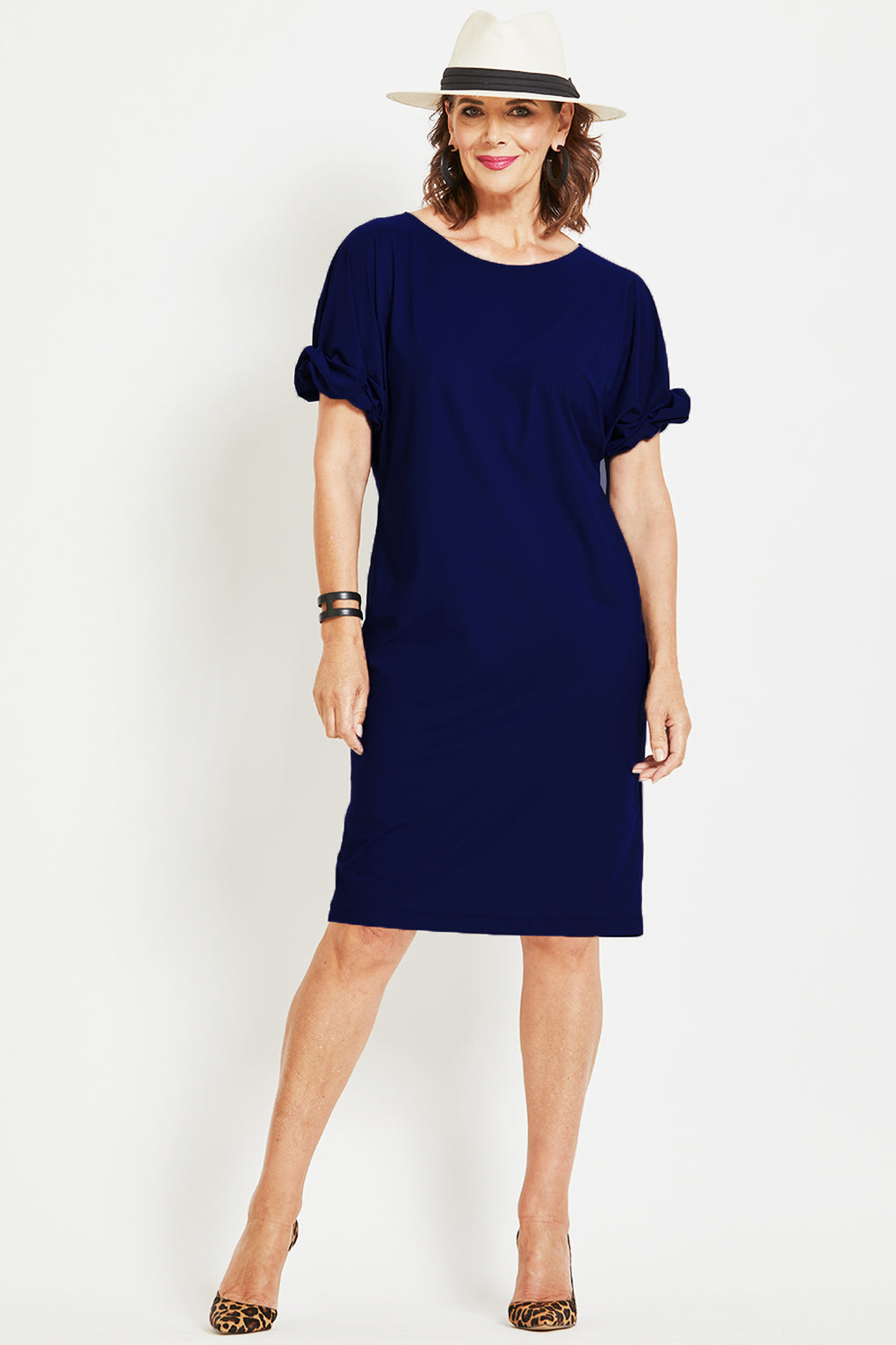 PAULA RYAN Ruched Sleeve Dress - Navy Microjersey - Paula Ryan