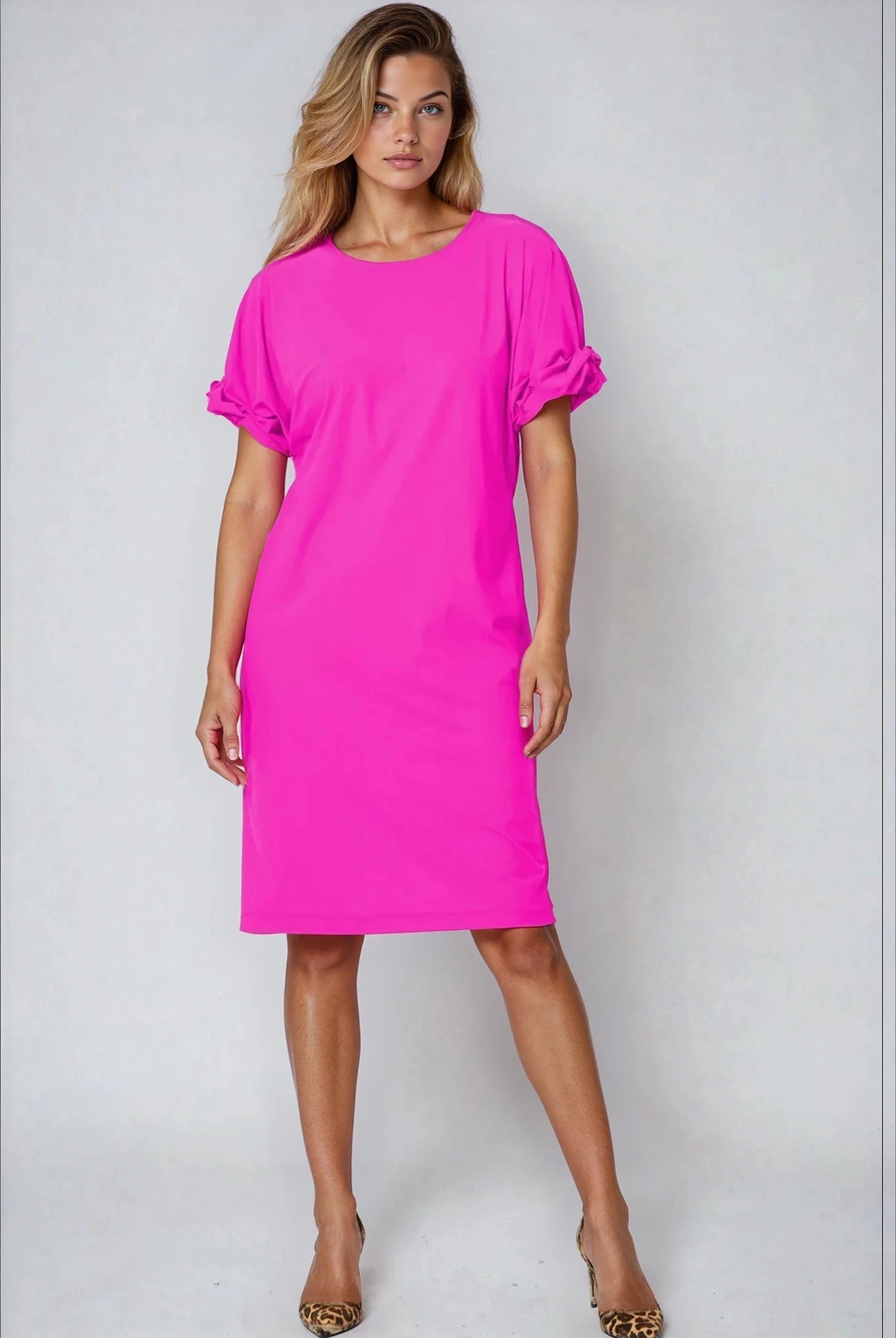 PAULA RYAN Ruched Sleeve Dress - Peony Microjersey - Magpie Style