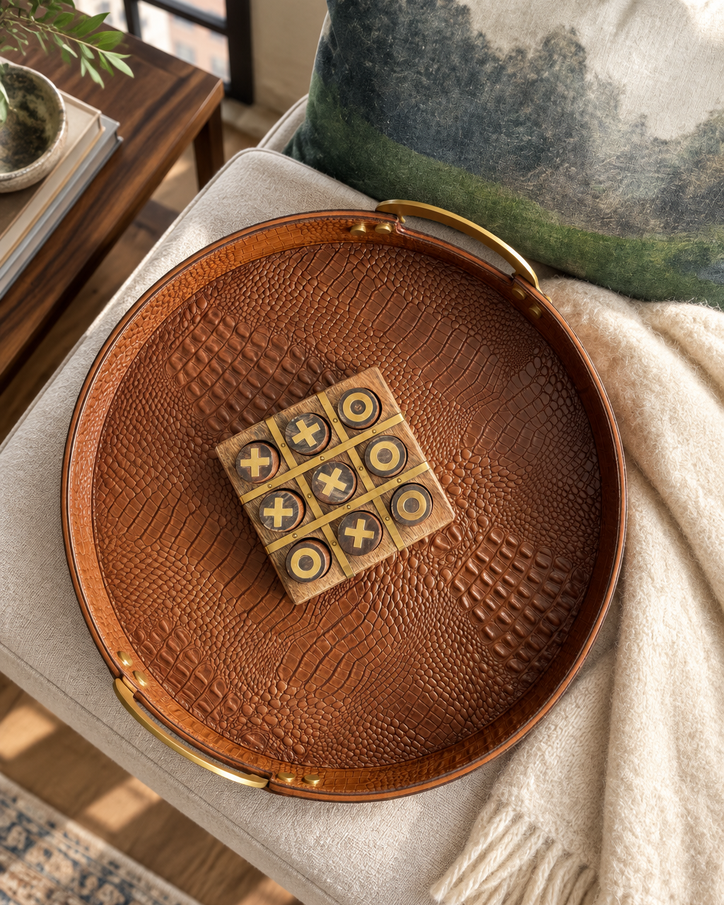 Croc Leather Round Tray with Brass Handles - Magpie Style