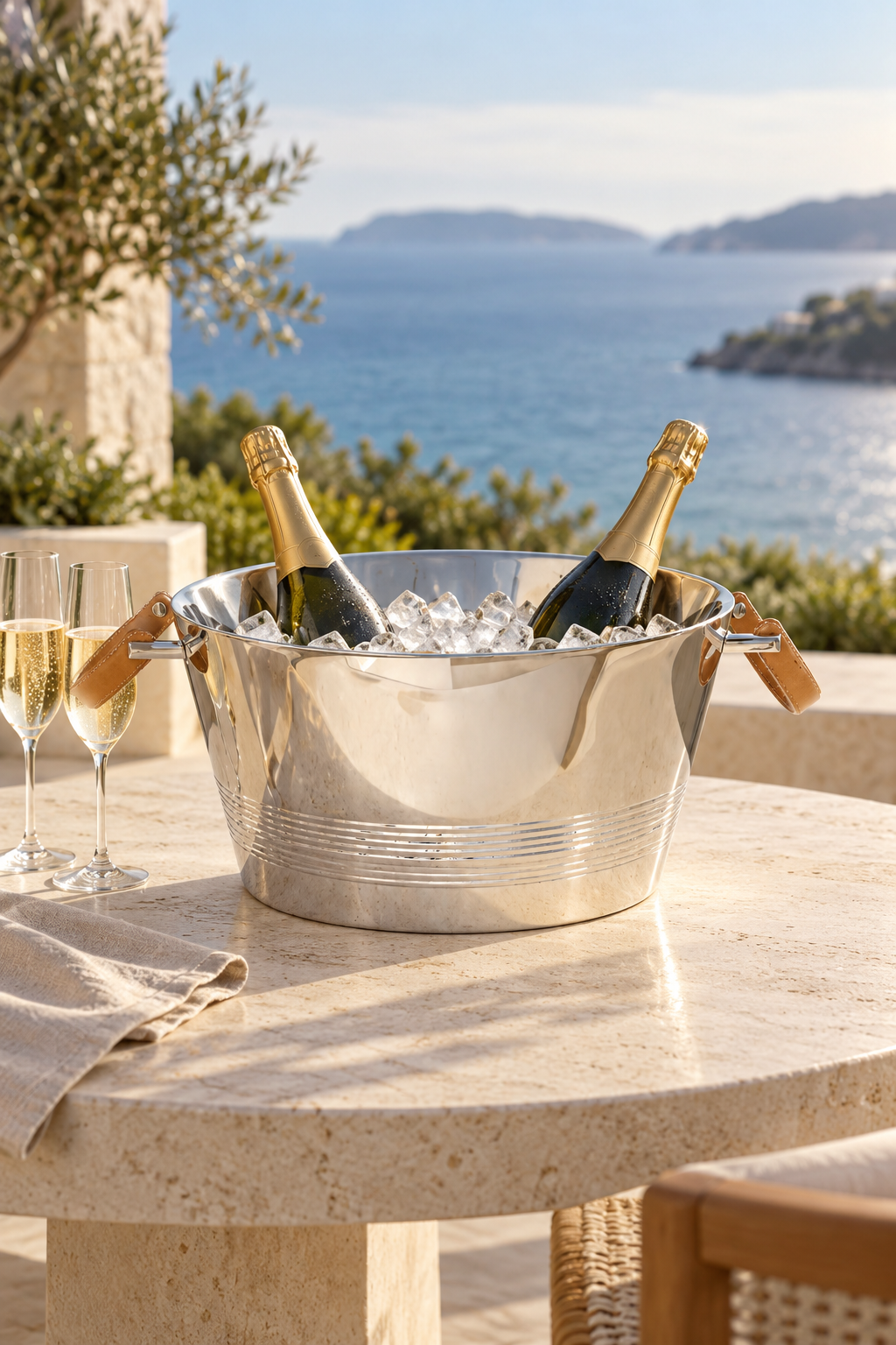 Monaco Soirée champagne bucket styled with champagne and ice on a coastal terrace