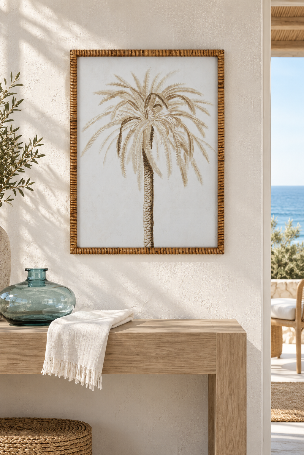 Palm Study wall art styled in a refined sunlit coastal interior