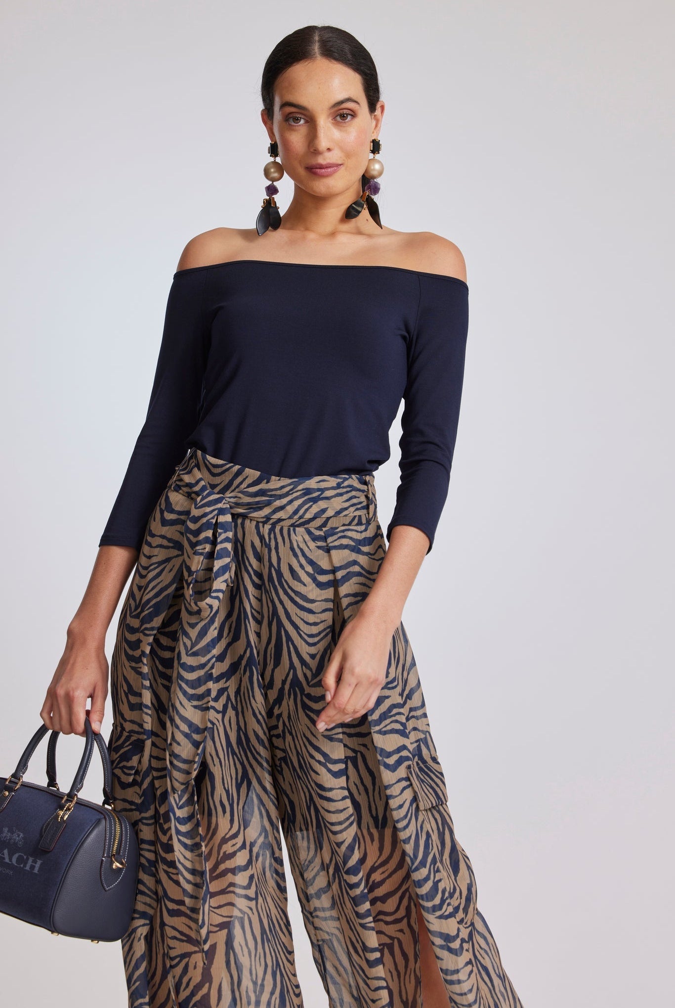 PAULA RYAN Off Shoulder 3/4 Sleeve Top - Navy - Micromodal - Paula Ryan