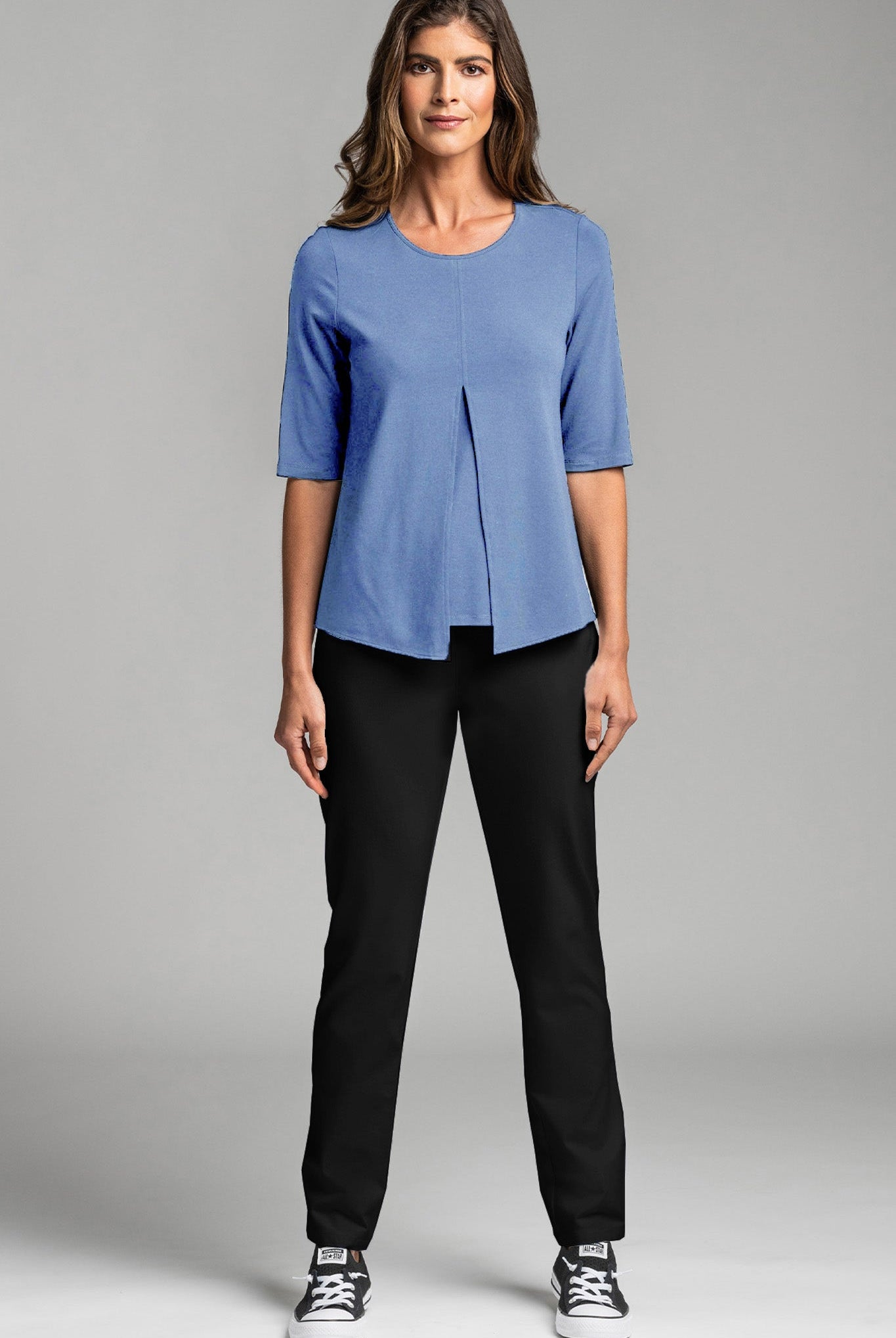 PAULA RYAN ESSENTIALS Box Pleat Half Sleeve Top - MicroModal Light Denim Blue - Paula Ryan