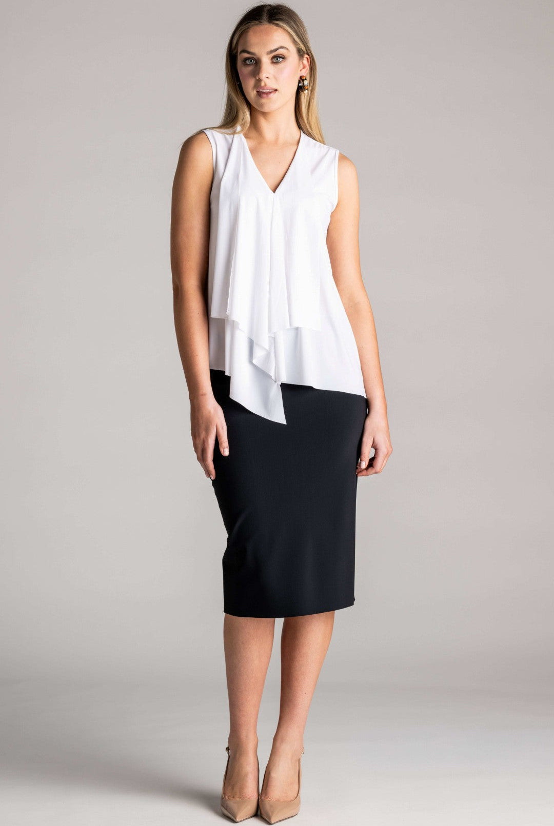 PAULA RYAN Sleeveless Drape Front Top Superfine Microjersey - White - Paula Ryan
