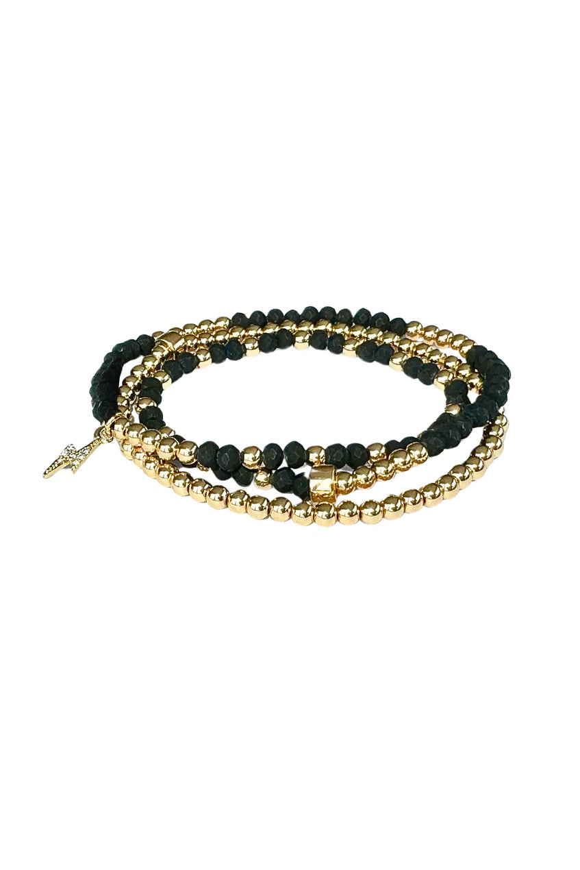 LINDI KINGI Beaded Bracelet Set - Matte Black Double Wrap | Gold - Magpie Style