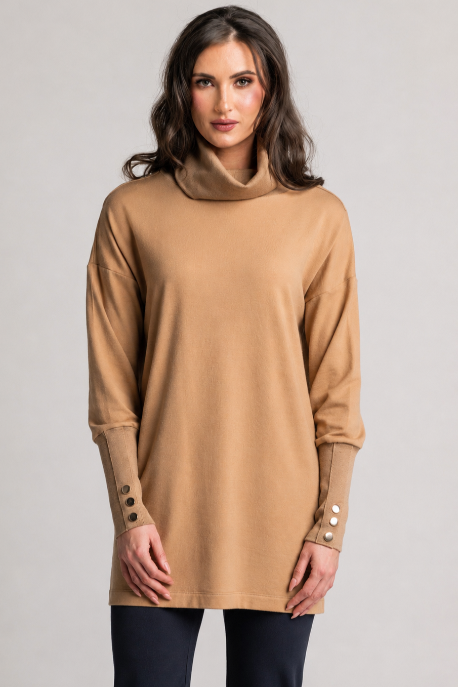 PAULA RYAN Gold Studded Roll Neck Tunic - Camel Merino - Paula Ryan