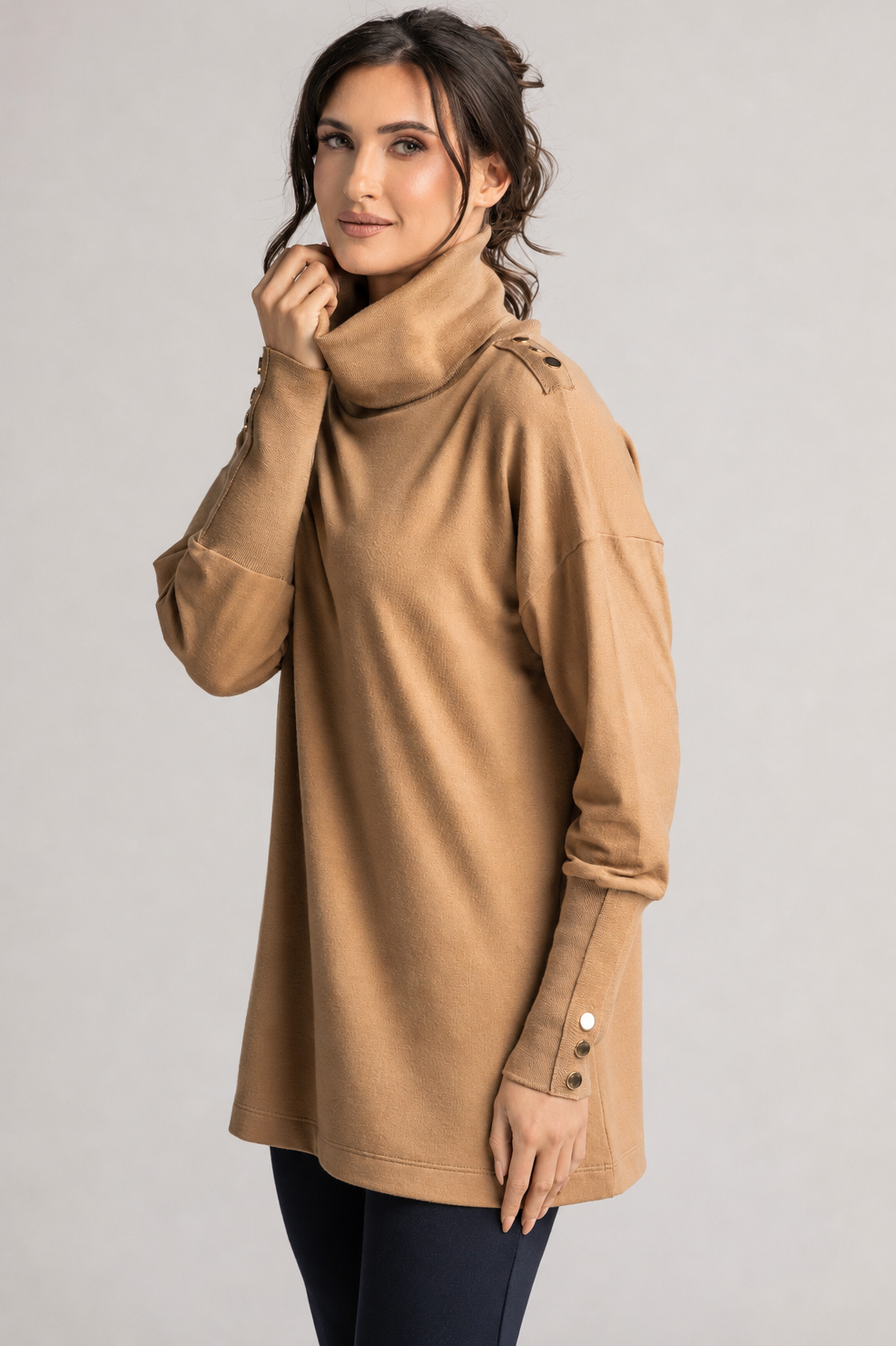 PAULA RYAN Gold Studded Roll Neck Tunic - Camel Merino - Paula Ryan