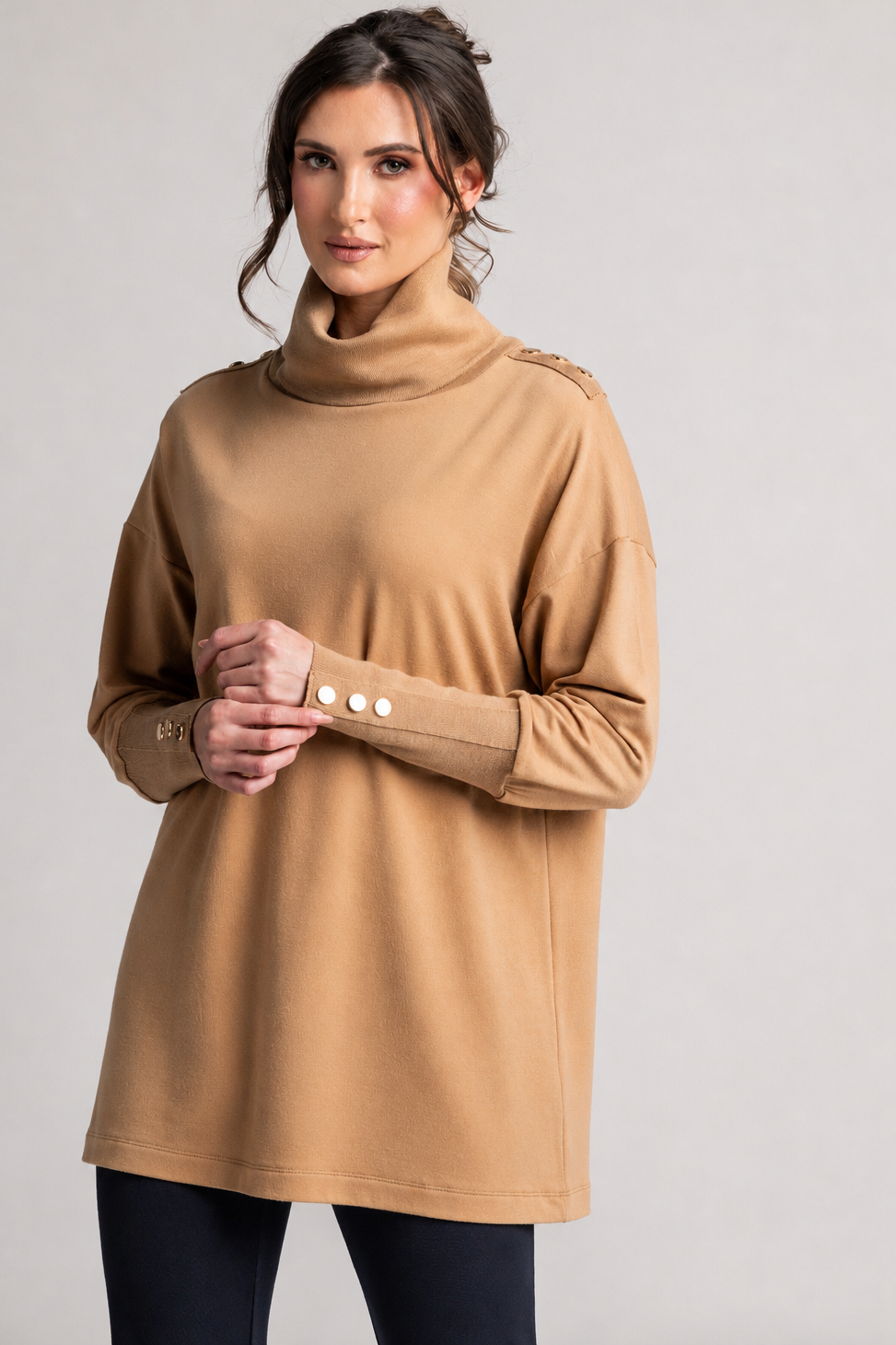 PAULA RYAN Gold Studded Roll Neck Tunic - Camel Merino - Paula Ryan