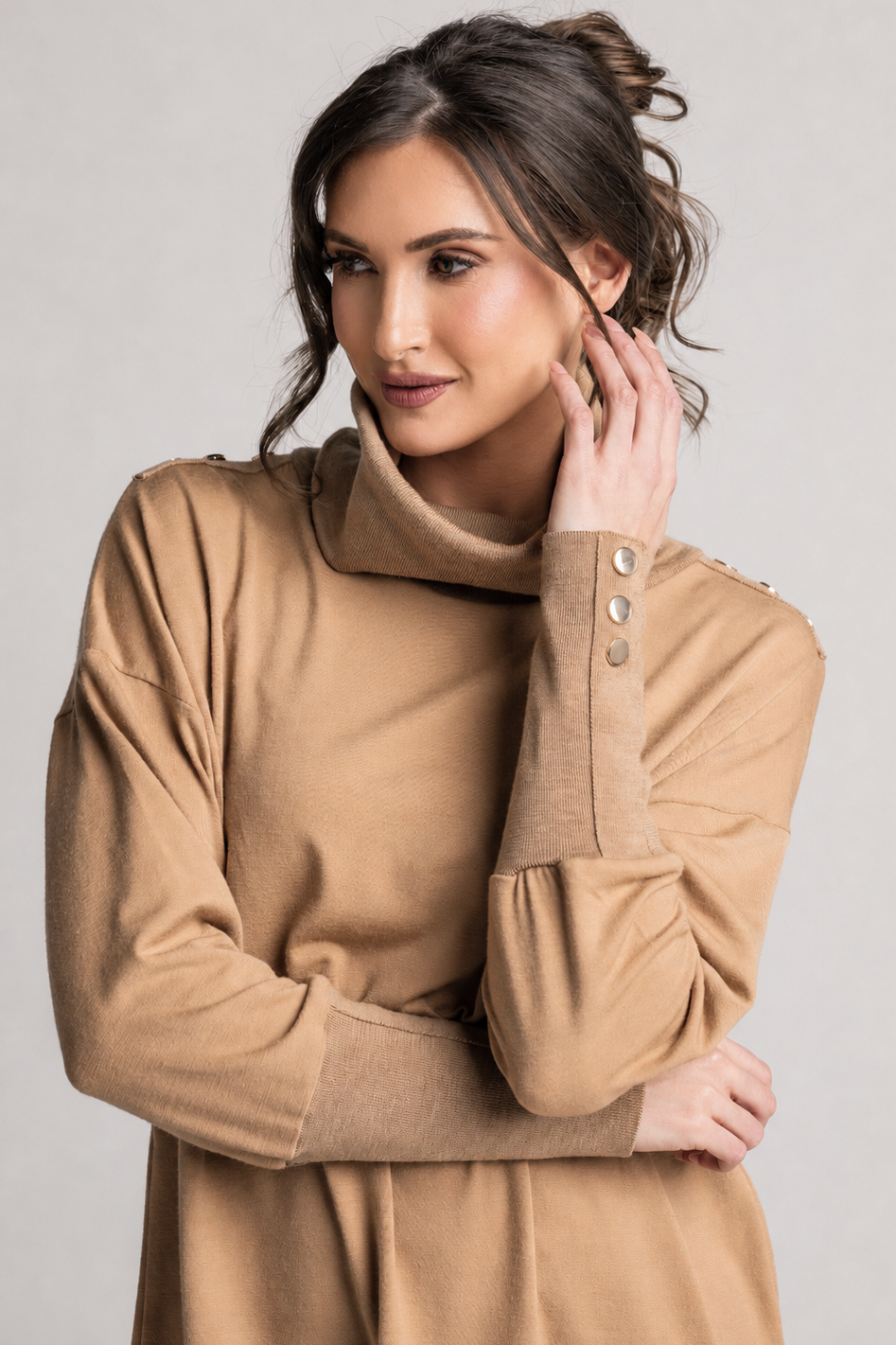 PAULA RYAN Gold Studded Roll Neck Tunic - Camel Merino - Paula Ryan