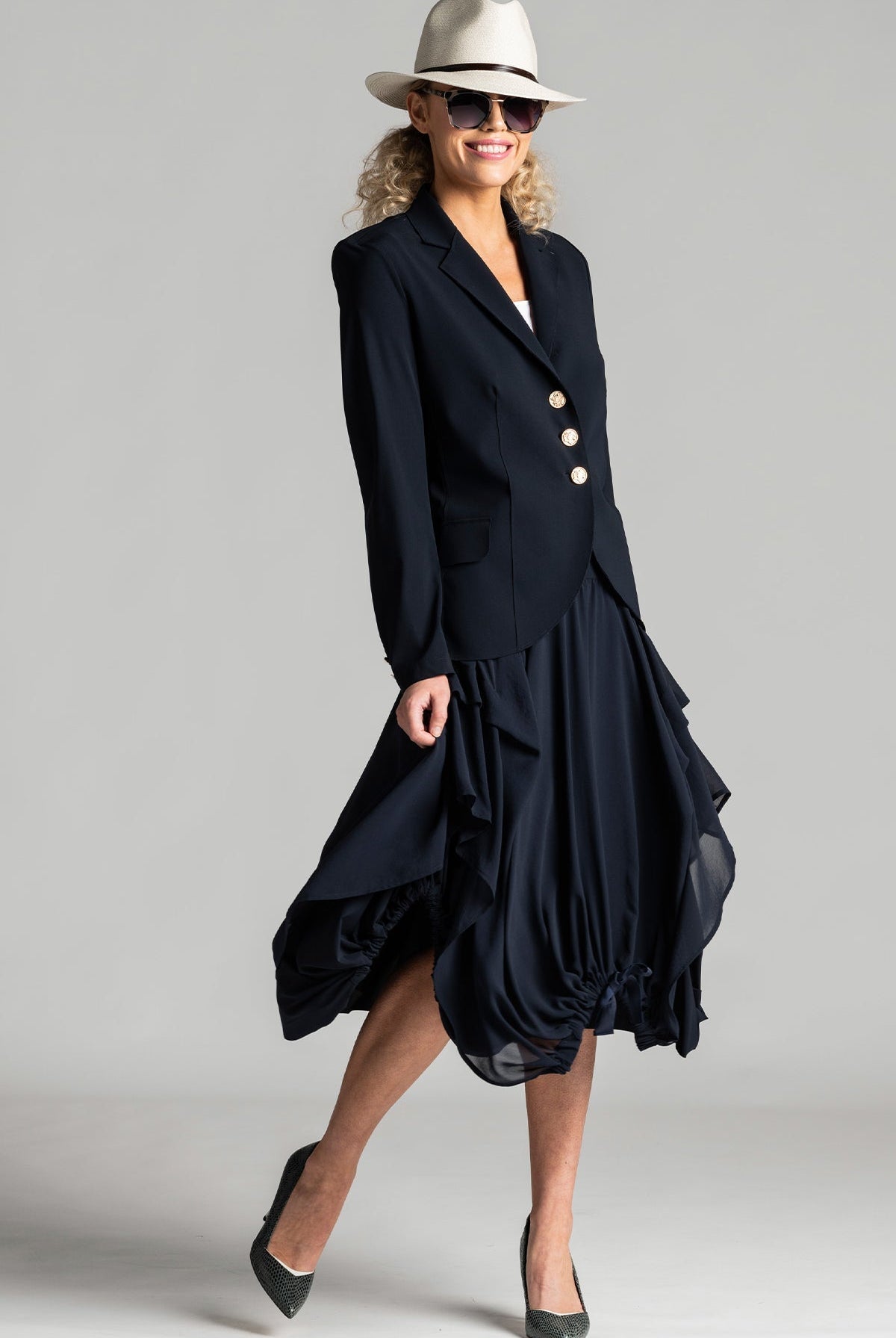 PAULA RYAN Classic Waisted Jacket - Navy - Bonded Microjersey - Paula Ryan