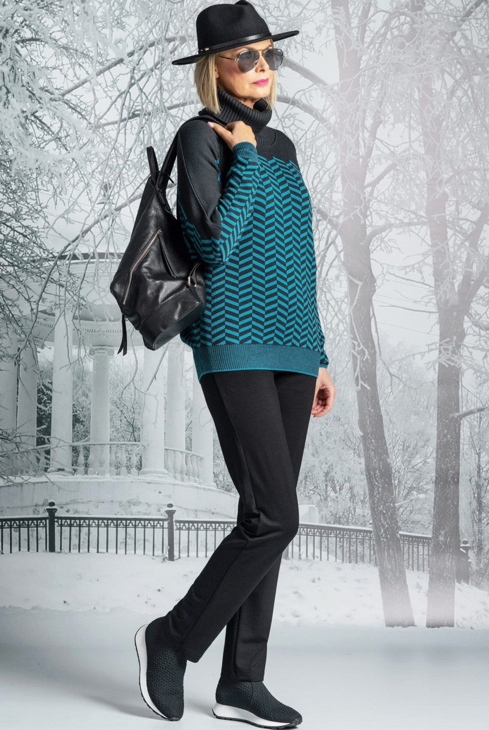 PAULA RYAN Chevron Jaquard Cowl Sweater - Ironsand/Kinfisher - Paula Ryan