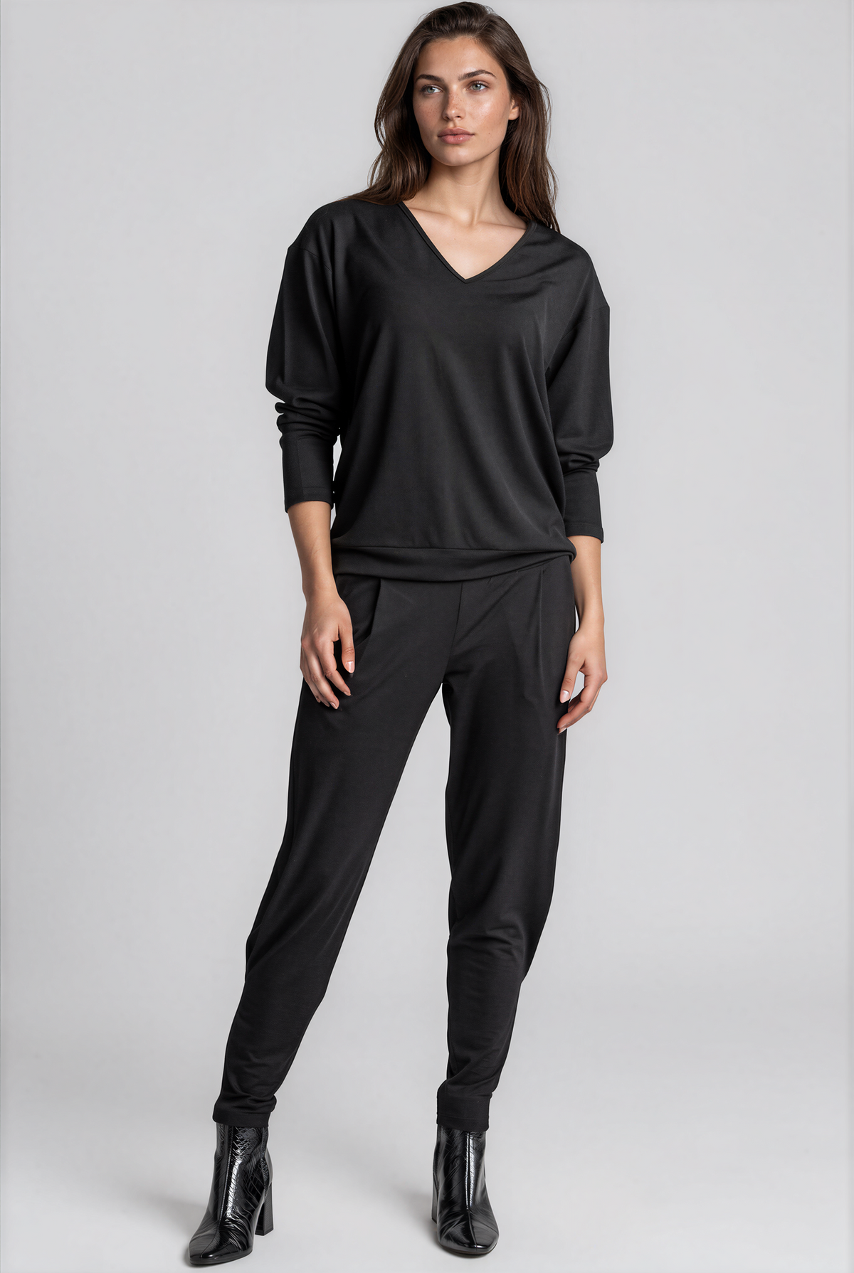 PAULA RYAN Ankle Pleat Basque Pant - Microjersey Black TALL - Paula Ryan