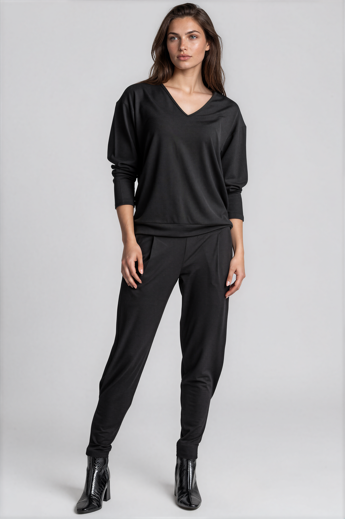 PAULA RYAN Ankle Pleat Basque Pant - Microjersey Black TALL - Paula Ryan