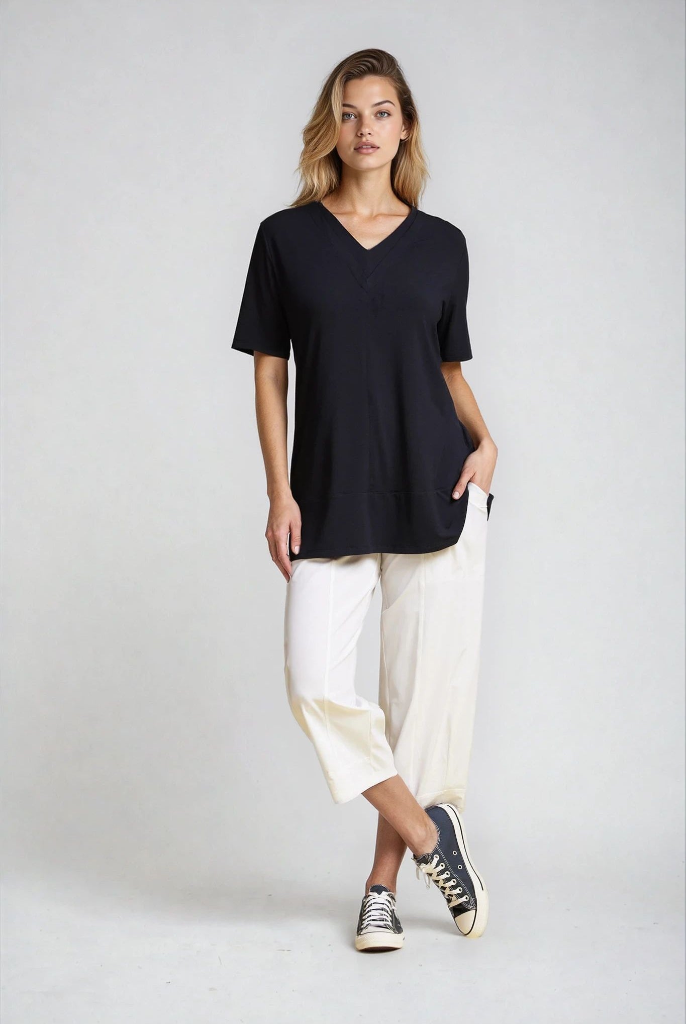 PAULA RYAN Double V Neck Top – Ecovero Black - Paula Ryan
