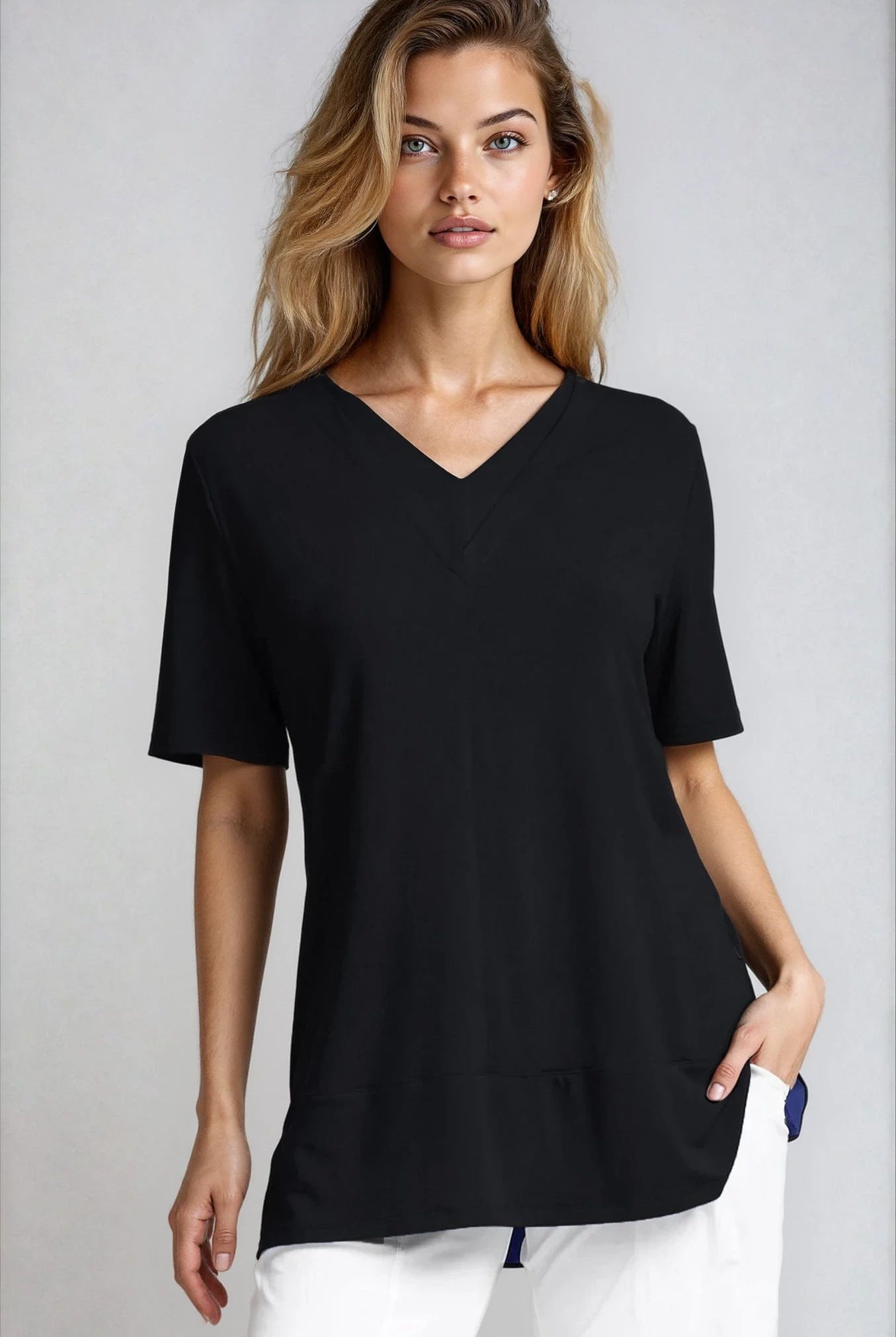 PAULA RYAN Double V Neck Top – Ecovero Black - Paula Ryan