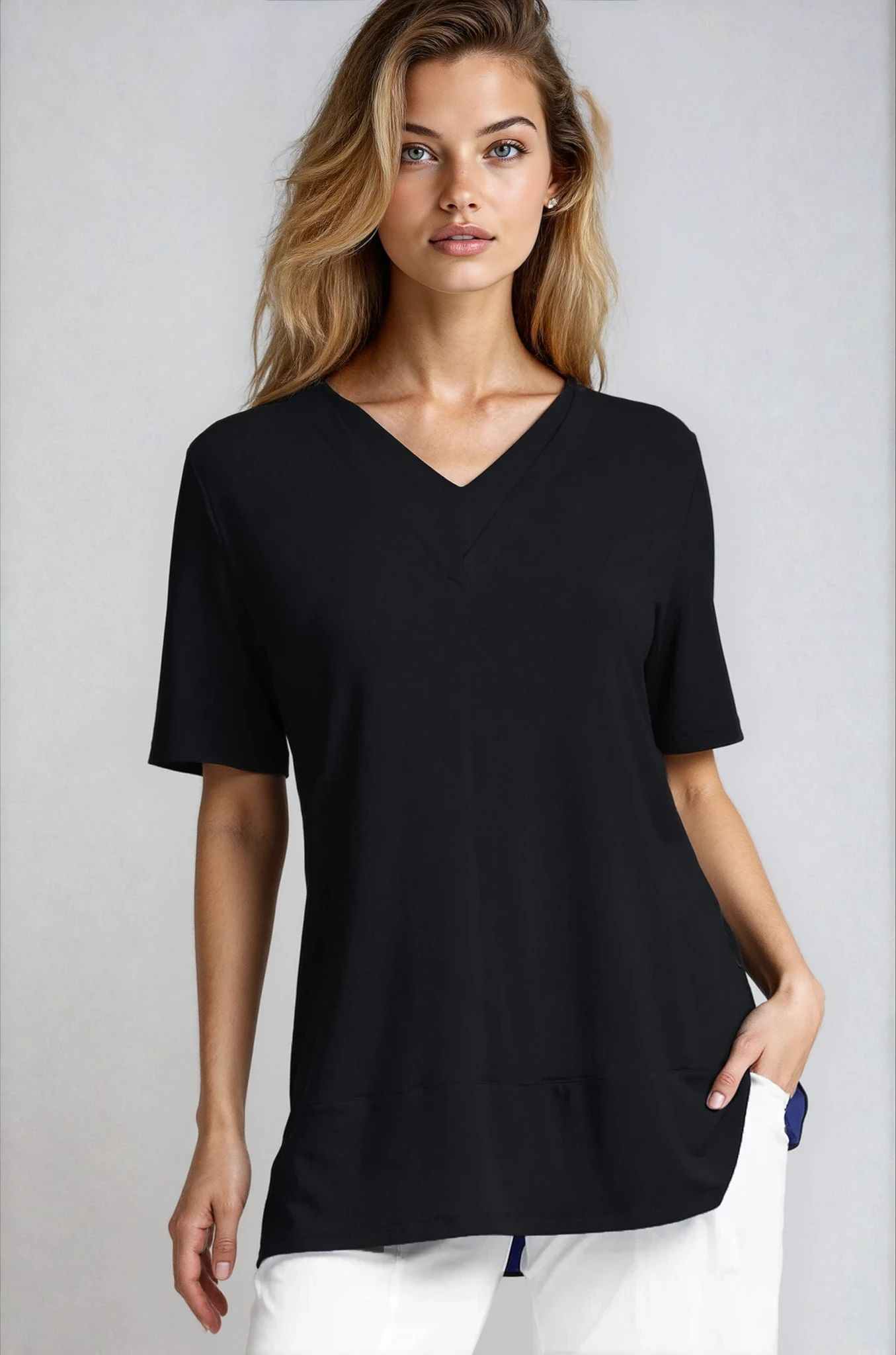 PAULA RYAN Double V Neck Top – Ecovero Black - Paula Ryan