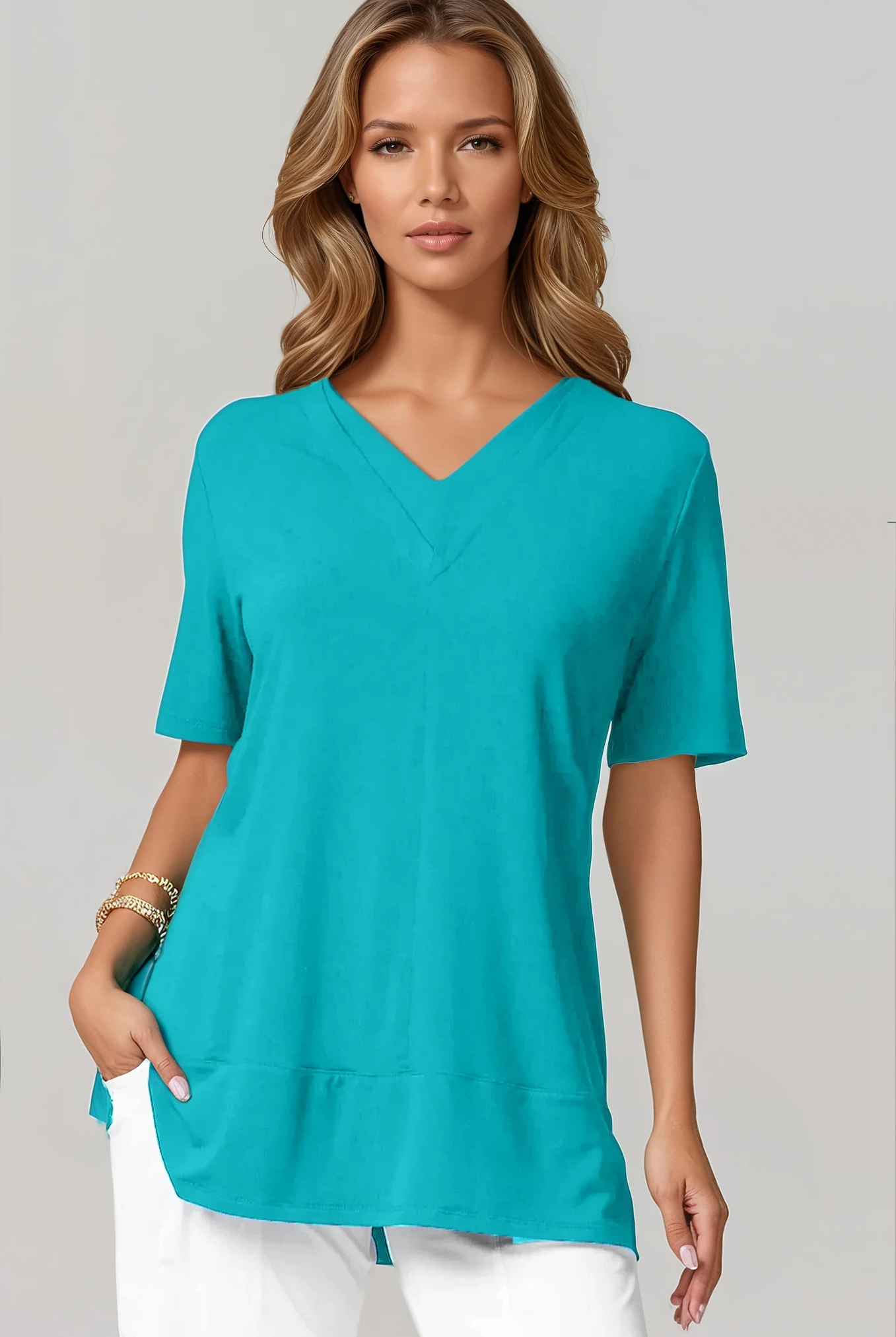 PAULA RYAN Double V Neck Top – Micromodal Capri Blue - Paula Ryan