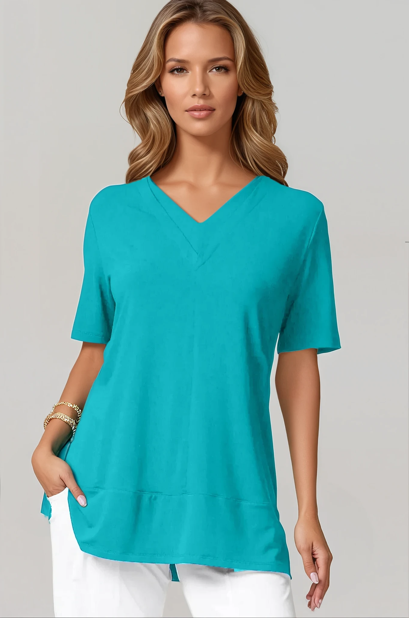 PAULA RYAN Double V Neck Top – Micromodal Capri Blue - Paula Ryan