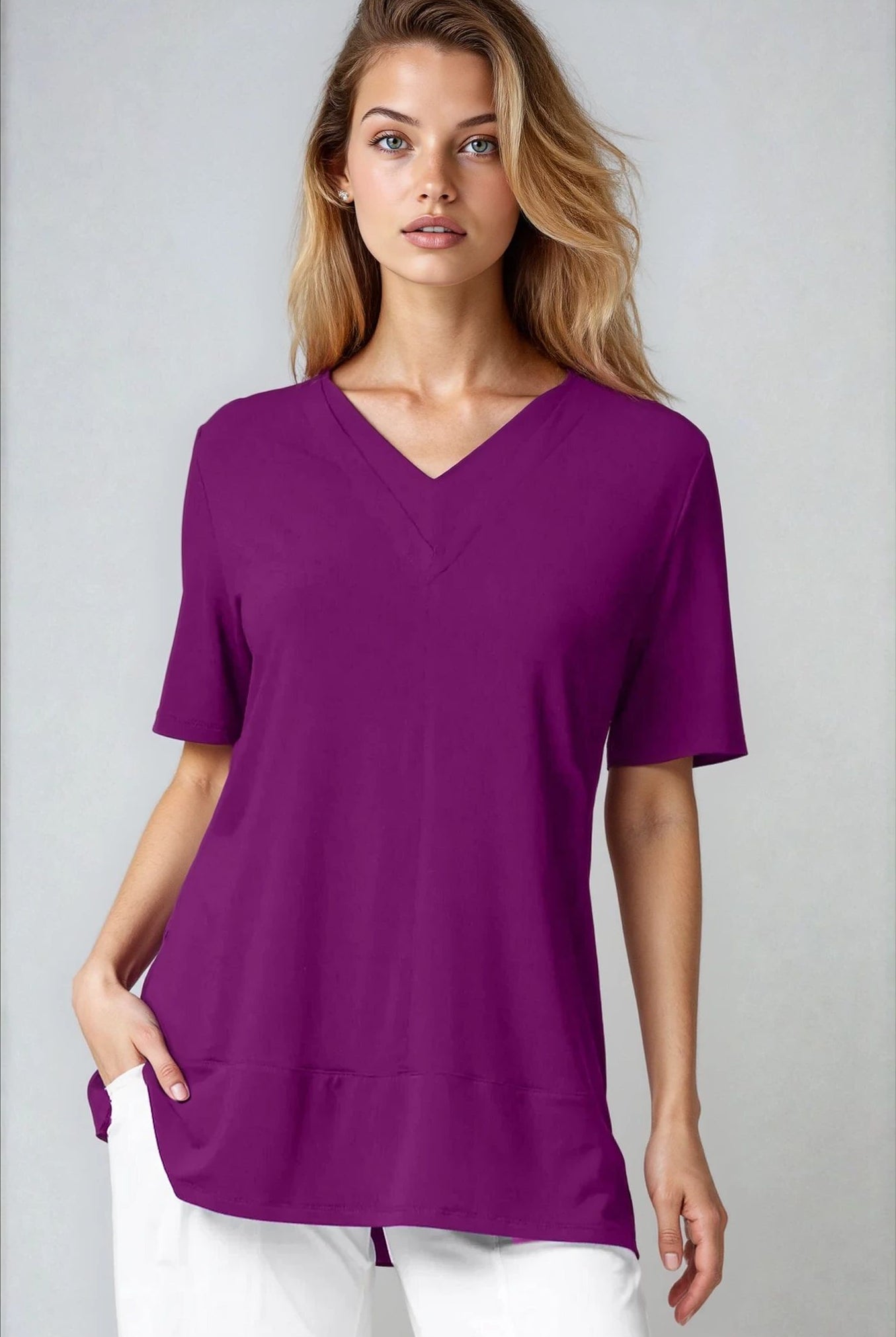 PAULA RYAN Double V Neck Top – Micromodal Currant - Paula Ryan