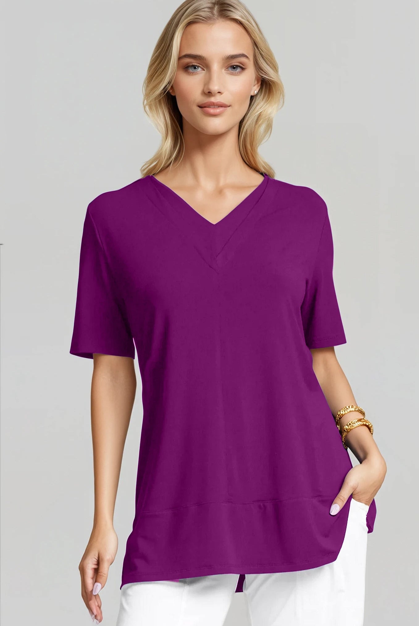 PAULA RYAN Double V Neck Top – Micromodal Currant - Paula Ryan