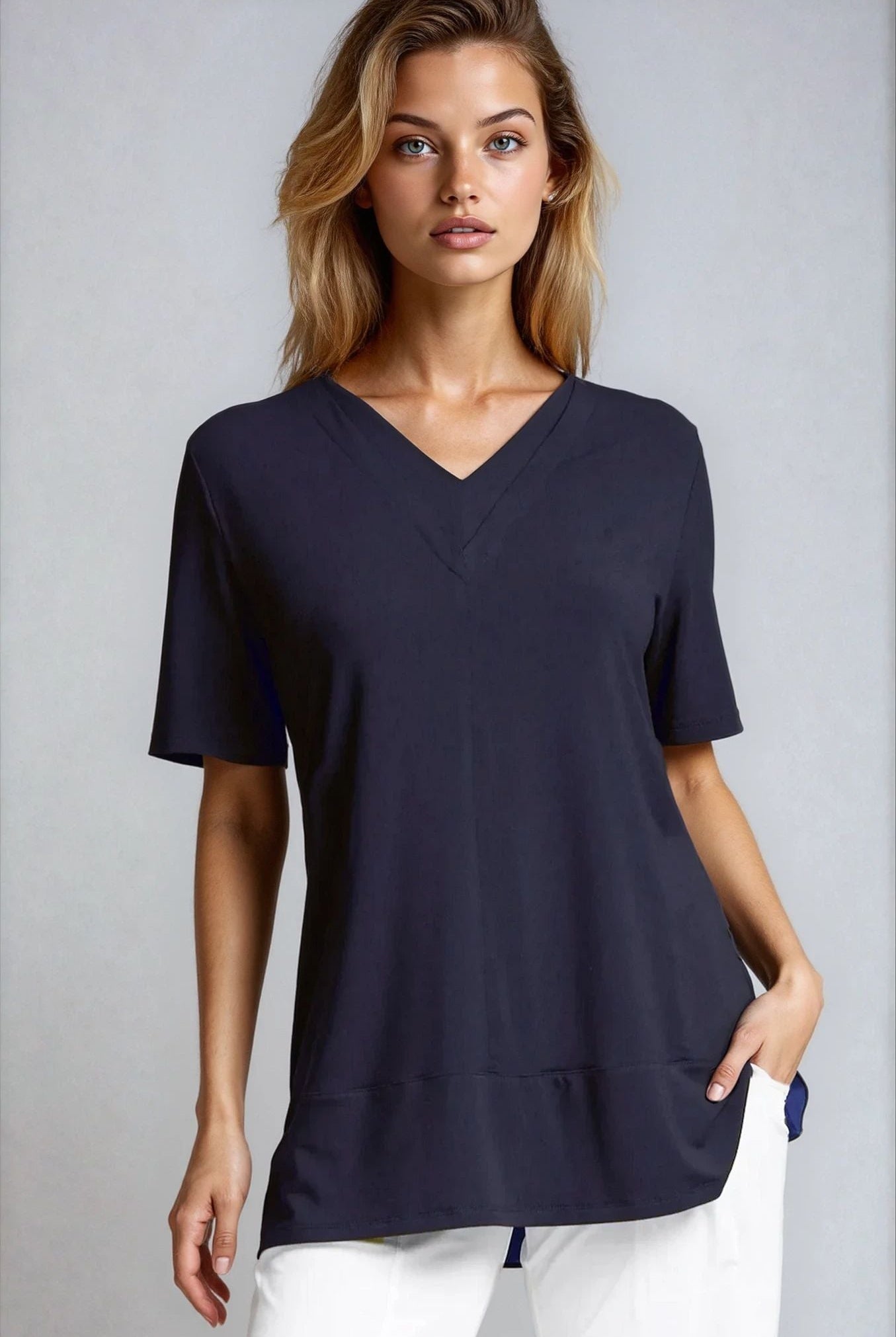 PAULA RYAN Double V Neck Top – Ecovero Navy - Paula Ryan