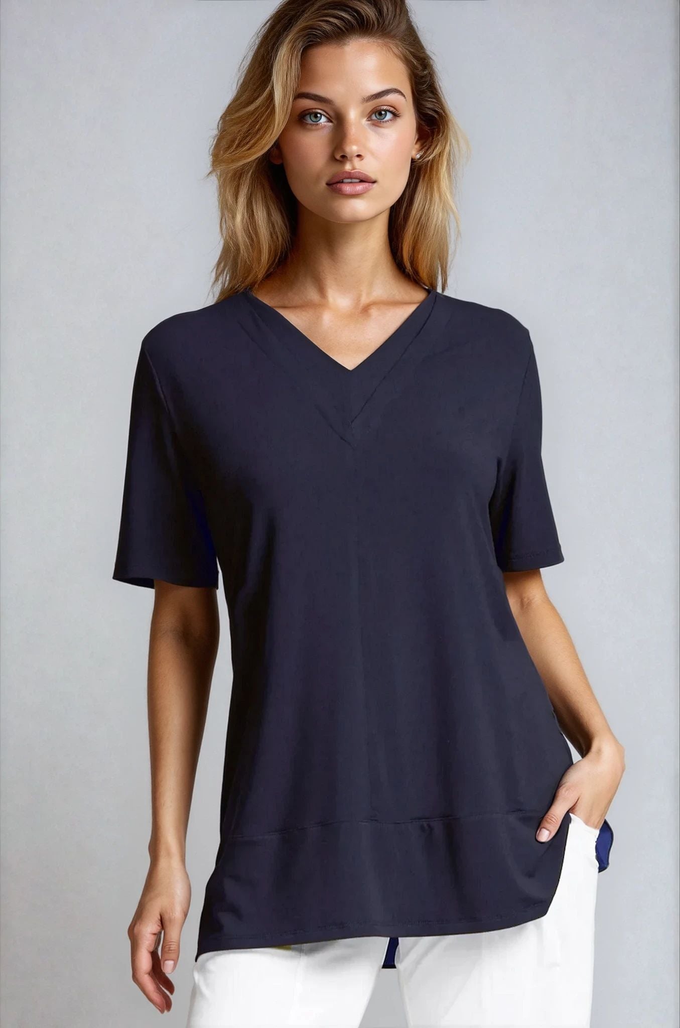 PAULA RYAN Double V Neck Top – Ecovero Navy - Paula Ryan